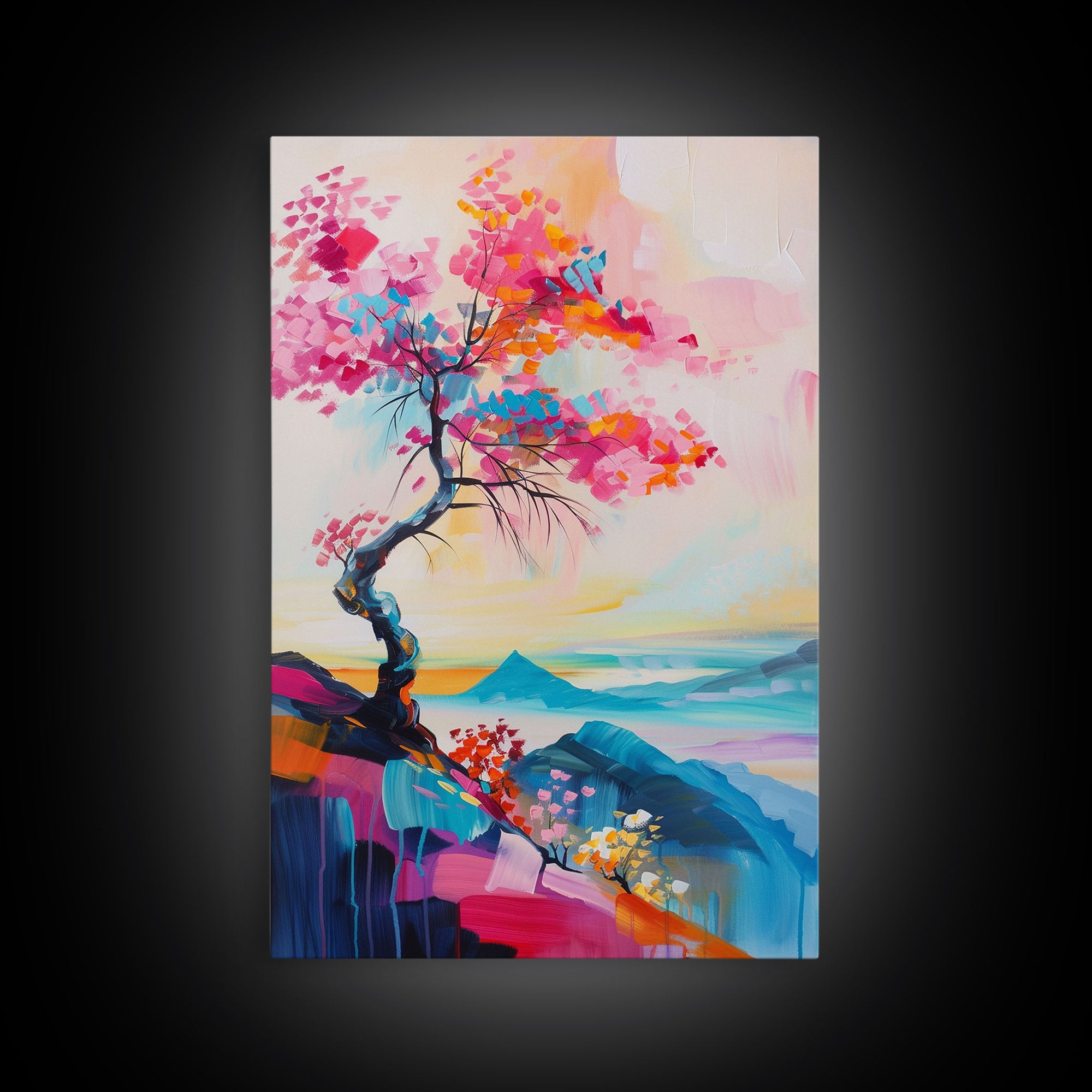 Colorful Tree on a Cliff - Framed Canvas Print, Vibrant Wall Art, Living Room Decor, Modern Nature Artwork, Bold Tree Art, Bedroom Decor