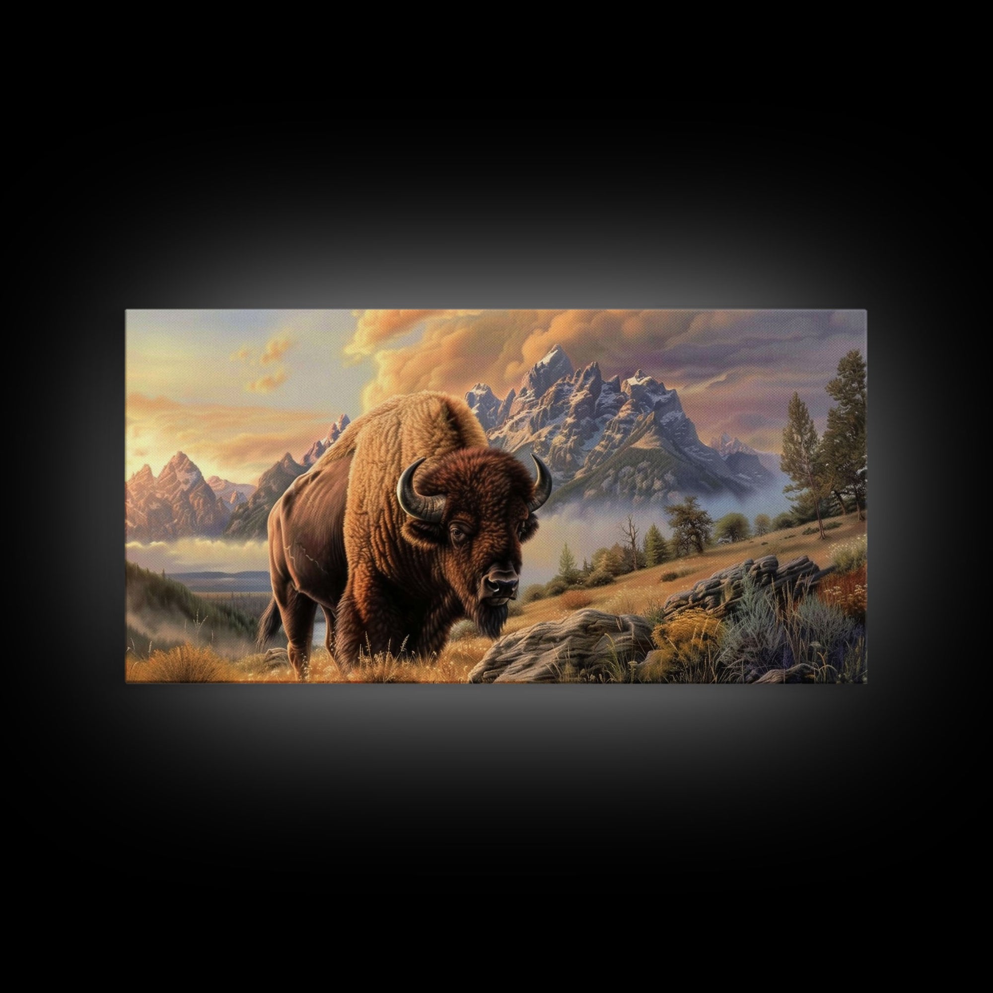 Powerful Bison in Mountain Valley, Framed Canvas Print, Ideal for Living Room Art, Nature Inspired Wall Art, Bedroom Decoration