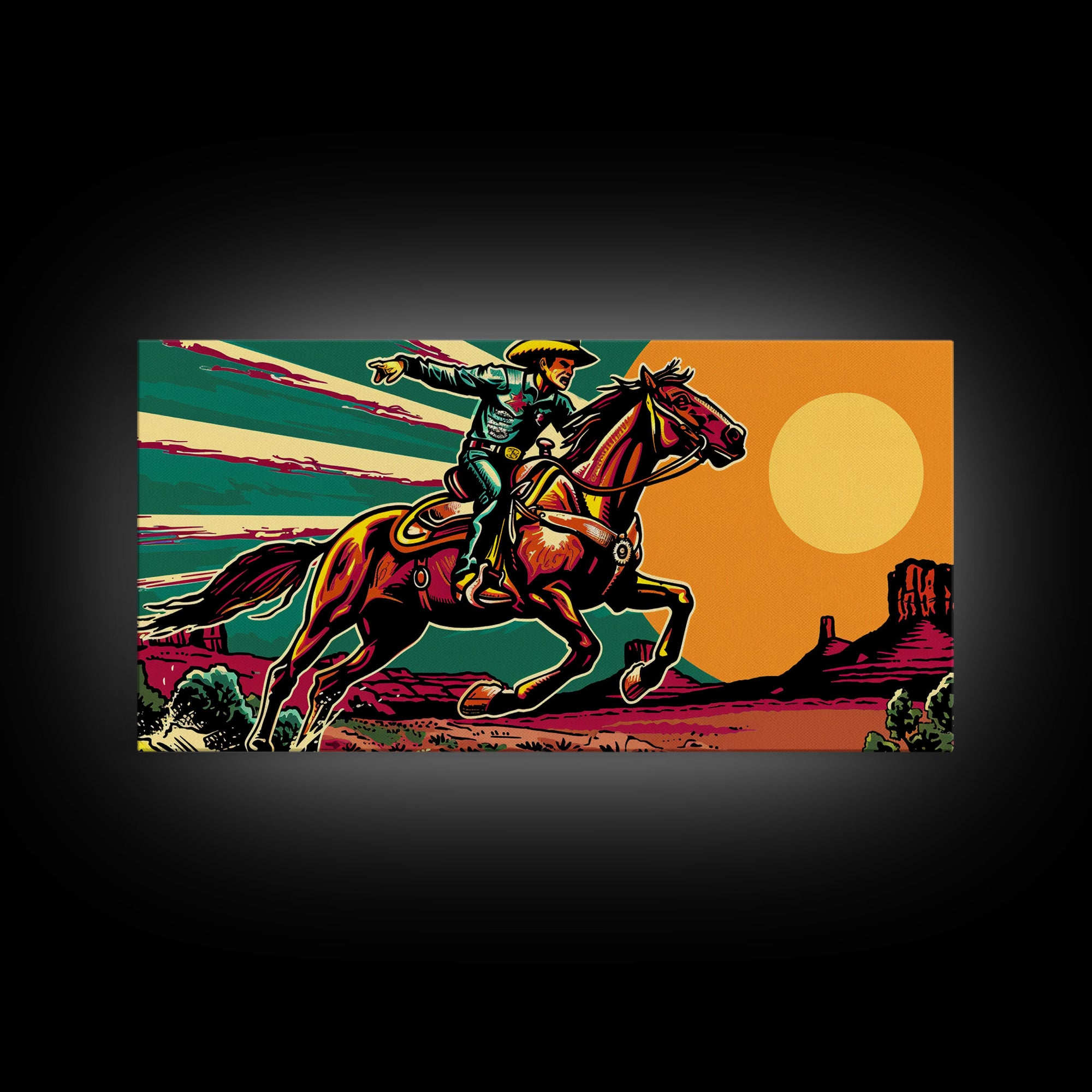Vintage Cowboy Riding Horse, Western Sunset Wall Art, Framed Canvas Print, Rustic Decor, Cowboy Art, Country Living Room