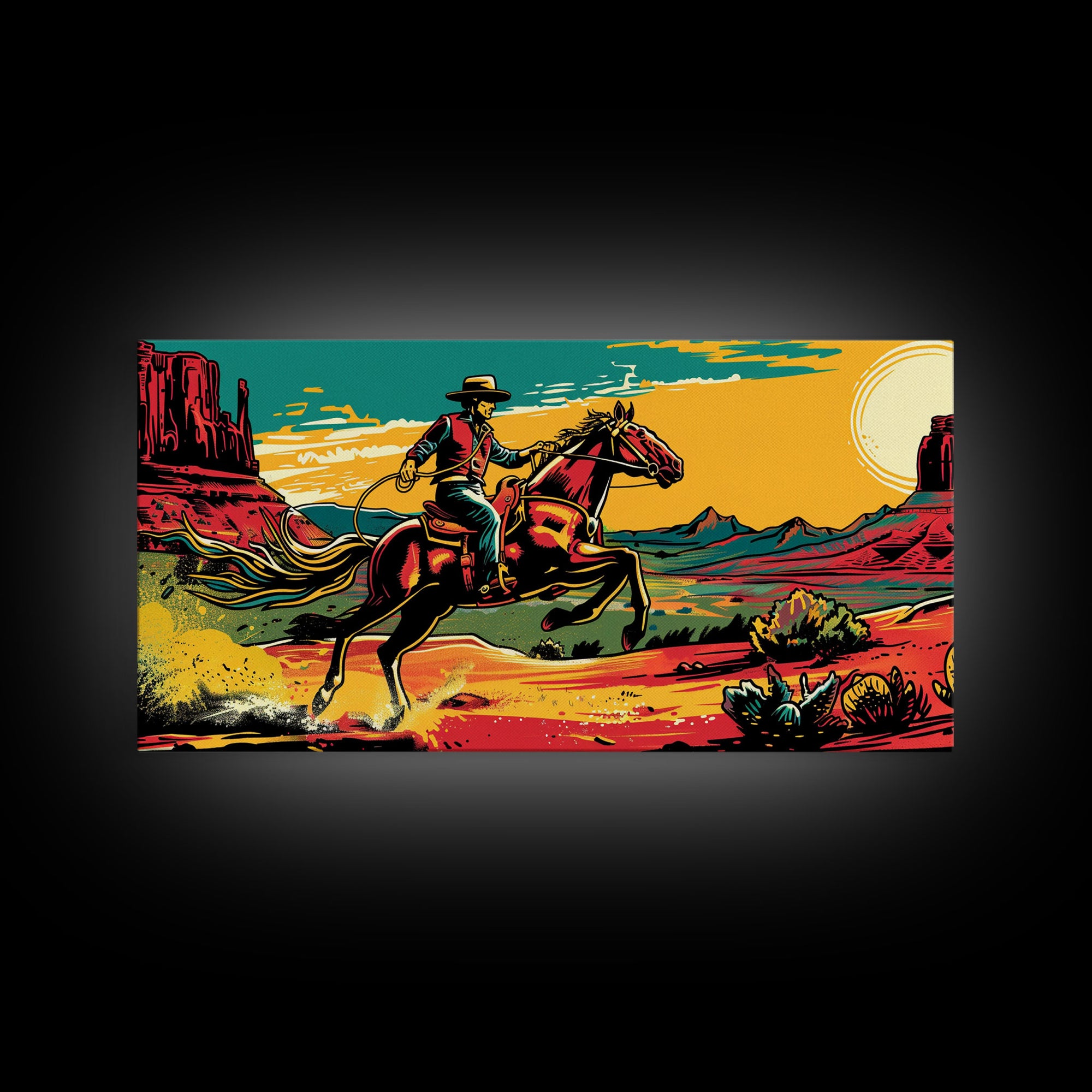 Cowboy Galloping in Desert, Vibrant Sunset Western Art, Framed Canvas Print, Farmhouse Decor, Colorful Wall Art, Cowboy Theme