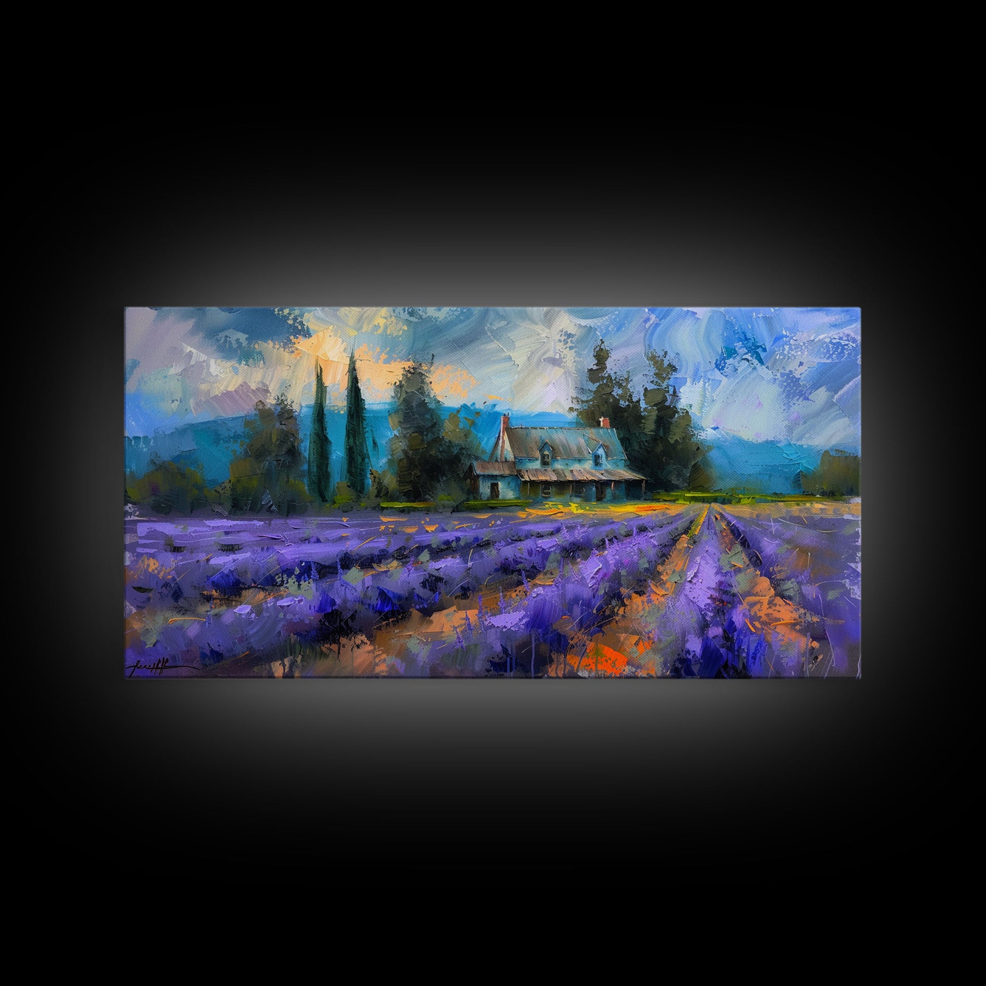 Lavender Field with Cottage, Impressionist Style, Framed Canvas Print, Farmhouse Decor, Cottagecore Art, Pastel Wall Art