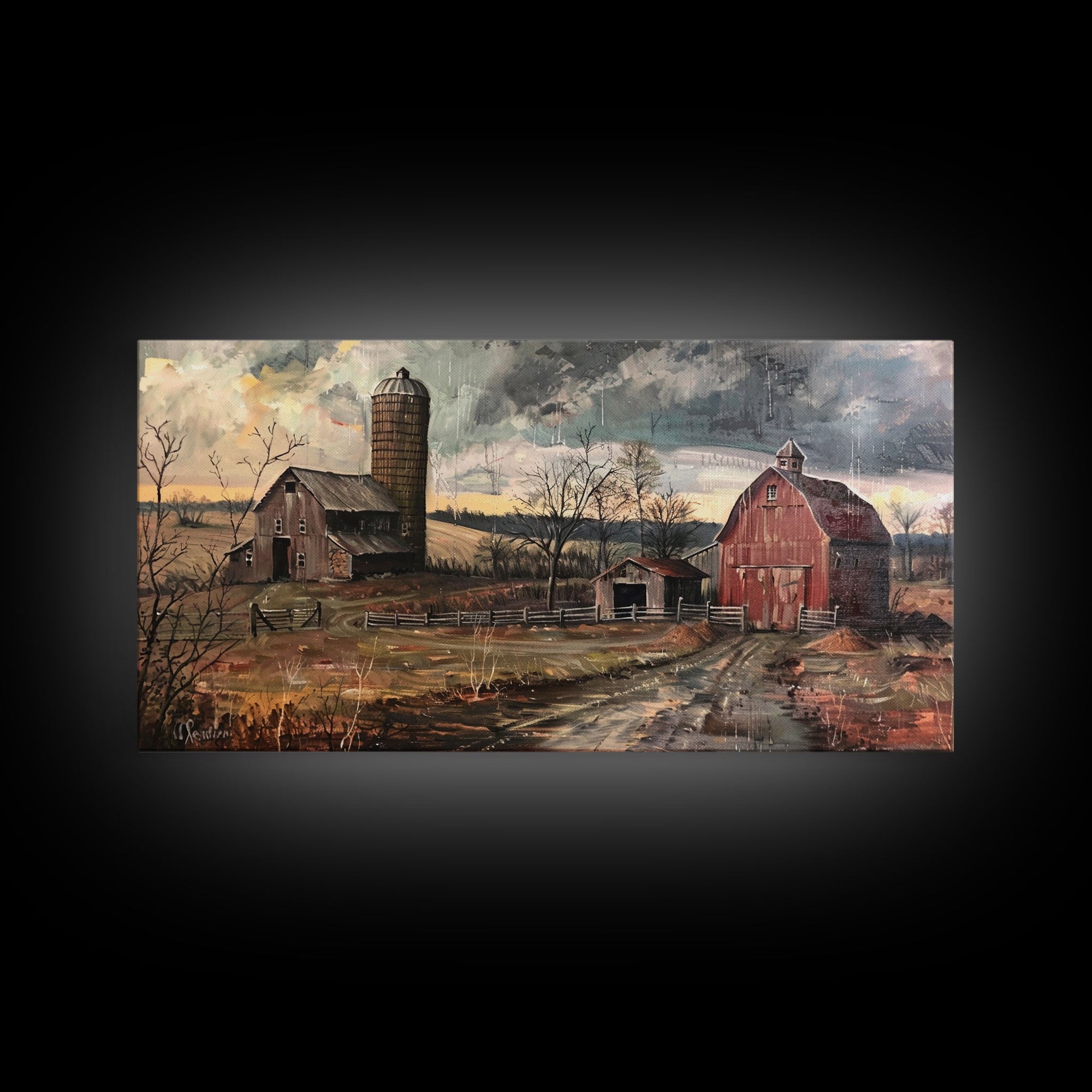 Vintage Farm Scene with Silos, Framed Canvas Print, Rustic Wall Art, Living Room Decor, Farmhouse Style, Country Home Art