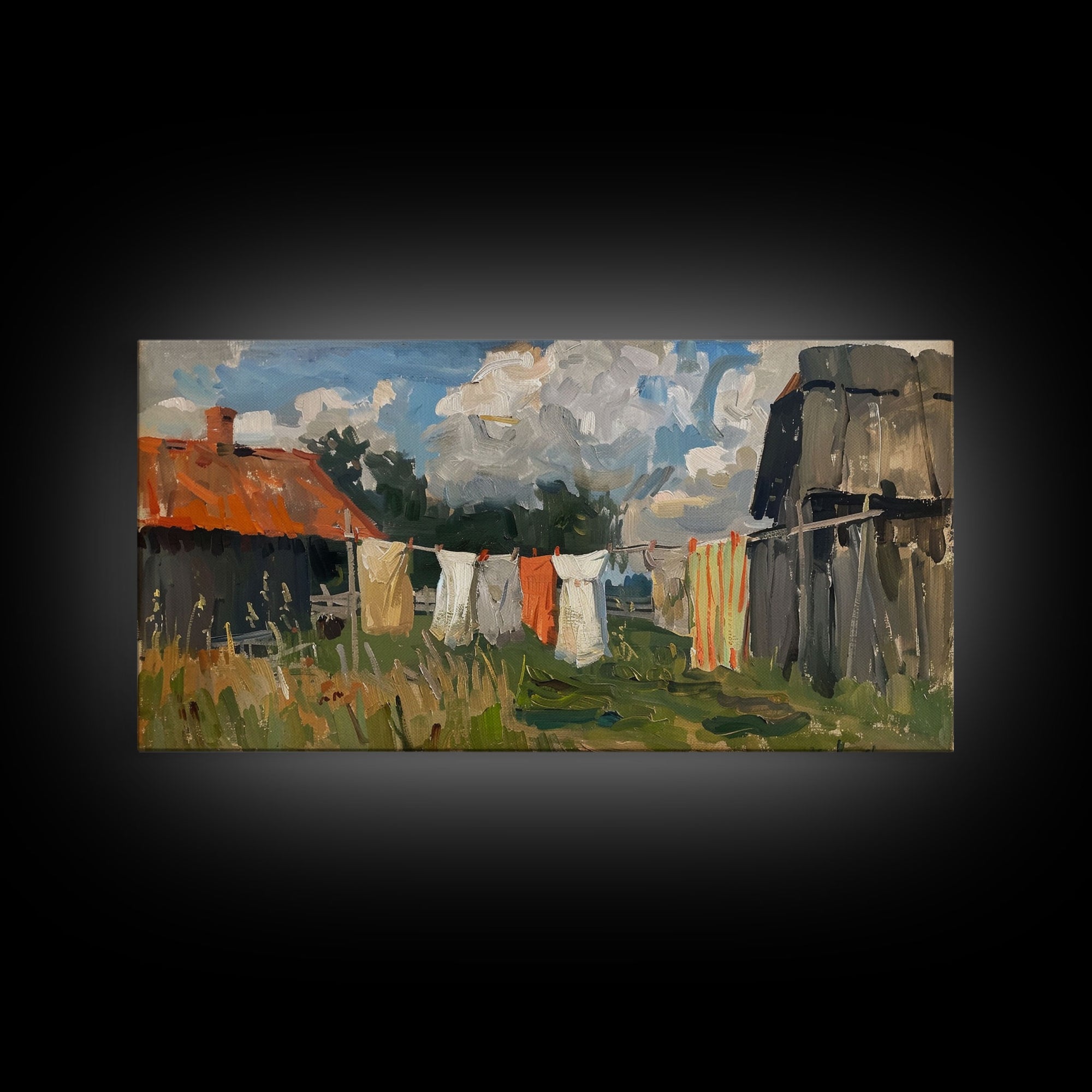 Clothesline with Rustic Farmhouse, Framed Canvas Print, Farmhouse Style, Living Room Art, Country Decor, Vintage Scene