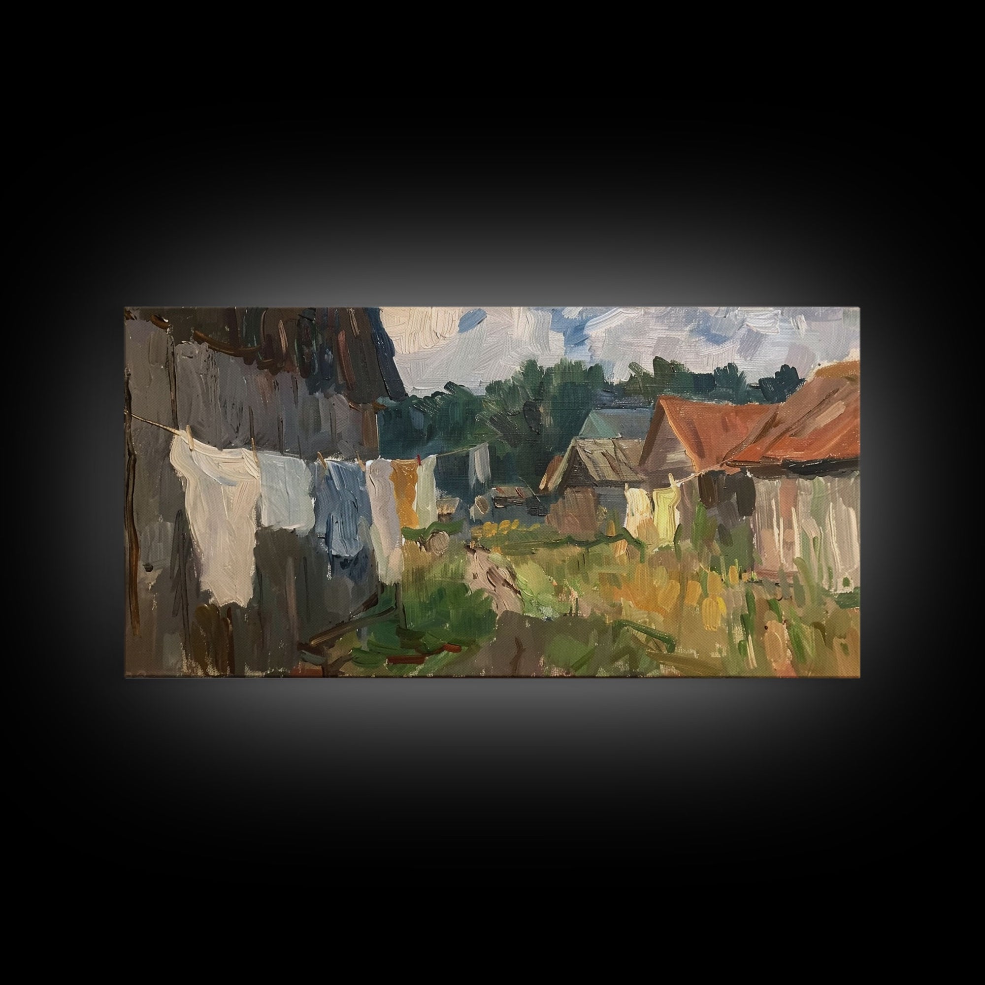 Rustic Farmyard with Laundry, Framed Canvas Print, Farmhouse Wall Art, Living Room Decor, Country Style, Outdoor Scene