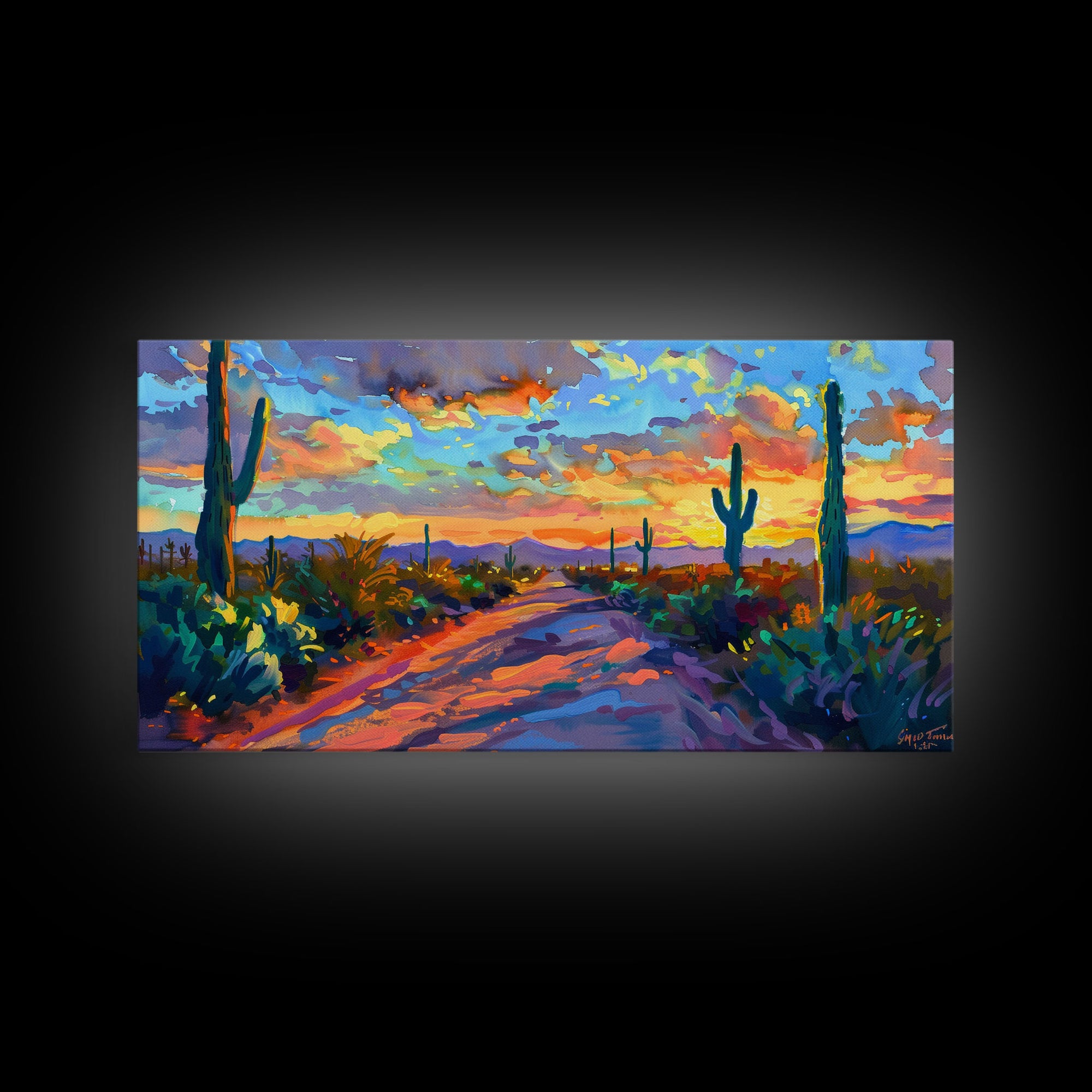Majestic Desert Sunset Over Mountains, Framed Canvas Print for Bedroom Art, Ideal for Southwestern and Boho Decor