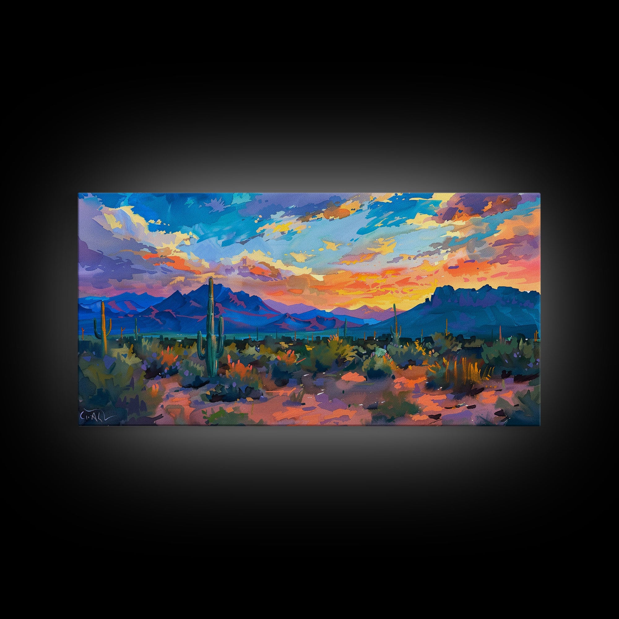 Monument Valley Sunset with Tall Cacti, Framed Canvas Print for Living Room Art, Perfect for Boho and Southwestern Decor