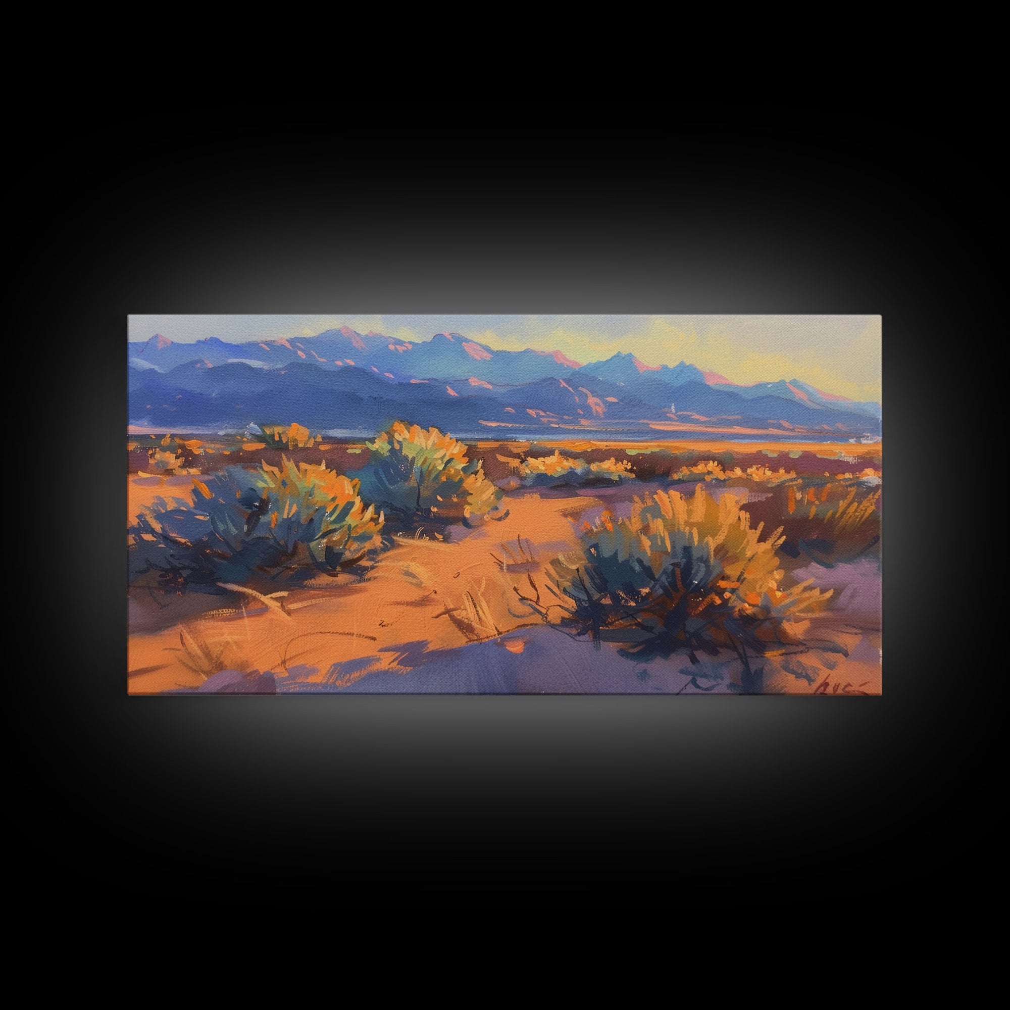 Desert brush and vibrant colors at sunset, Framed Canvas Print, perfect for southwestern living room, bohemian wall decor art