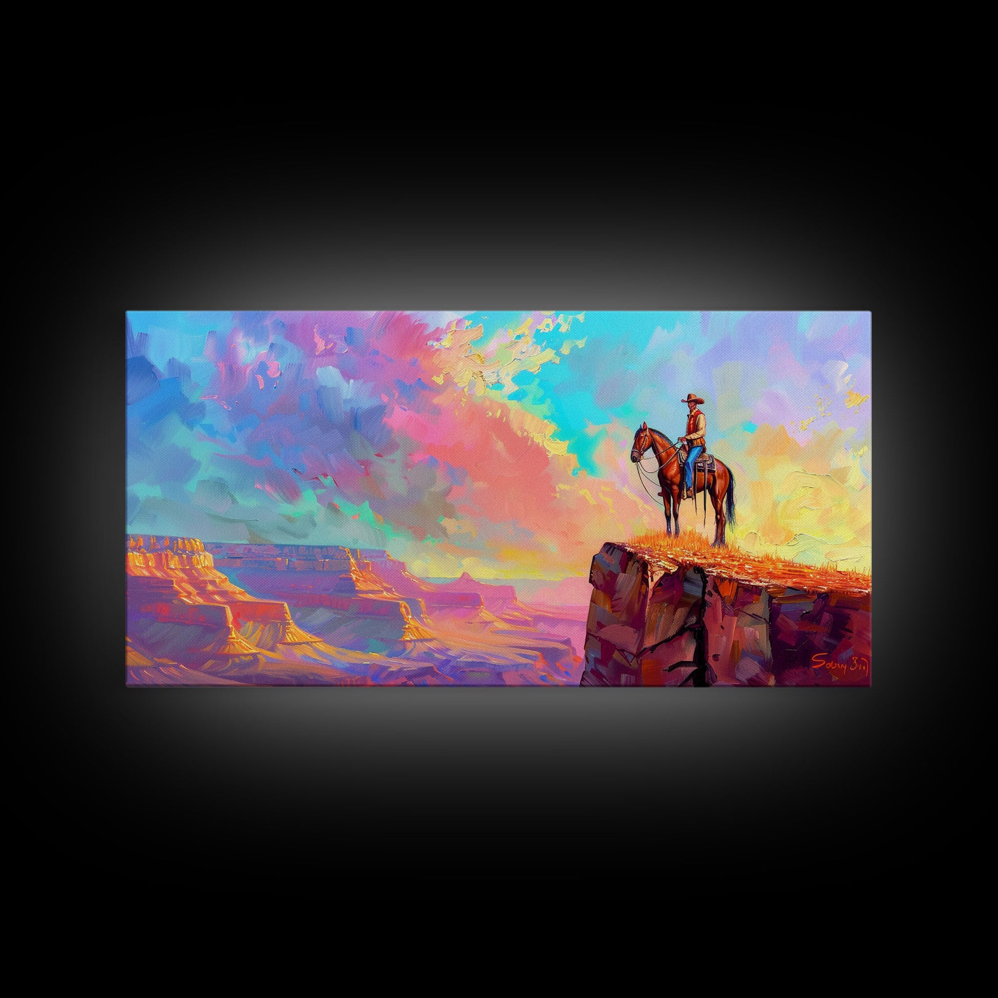 Cowboy on Horse with Colorful Sunset Sky, Farmhouse Style Framed Canvas Print for Living Room Wall Art, Vibrant Home Decor, Western Art