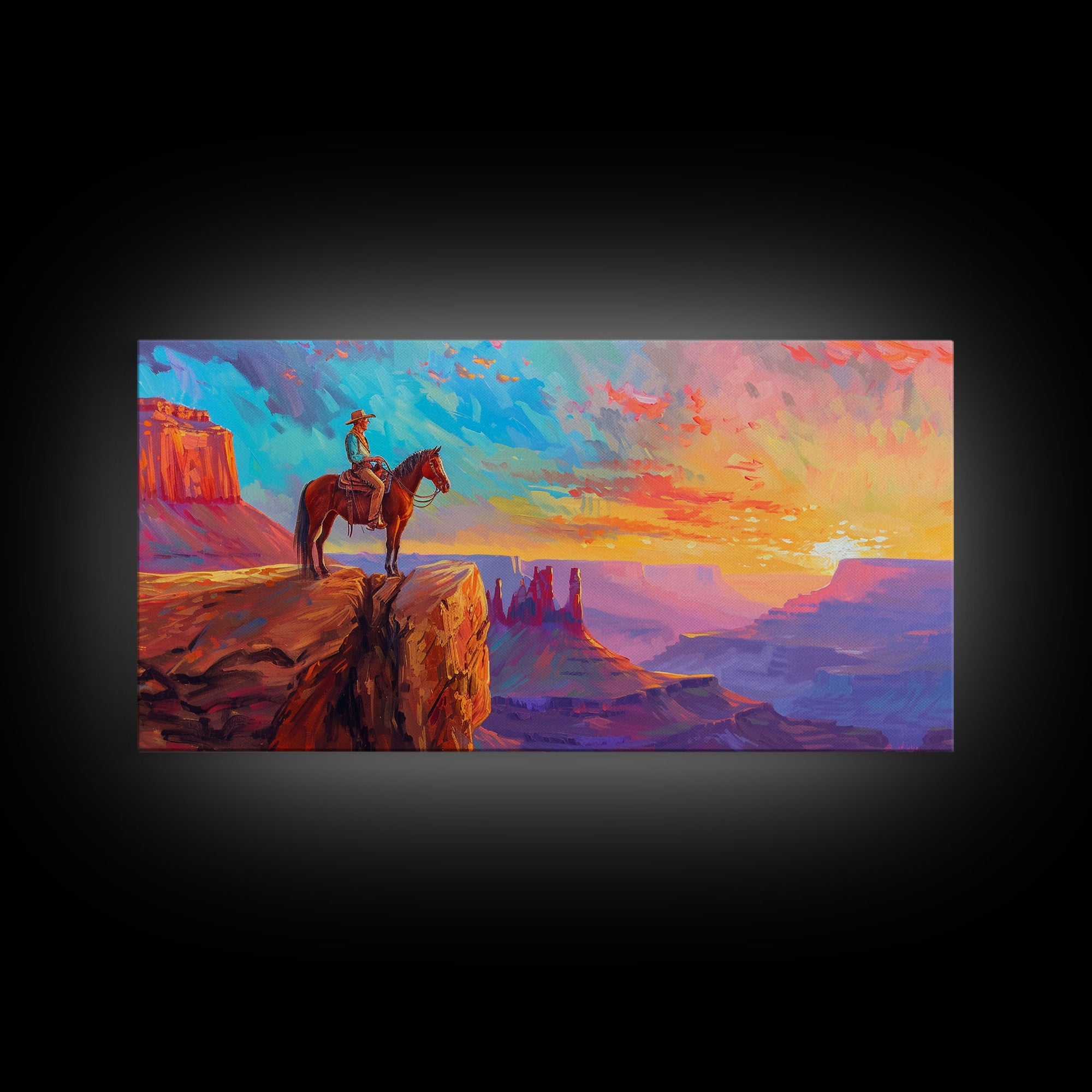 Cowboy and Horse with Canyon View, Farmhouse Style Framed Canvas Print for Bedroom Wall Art, Vibrant Home Decor, Western Scenic Art