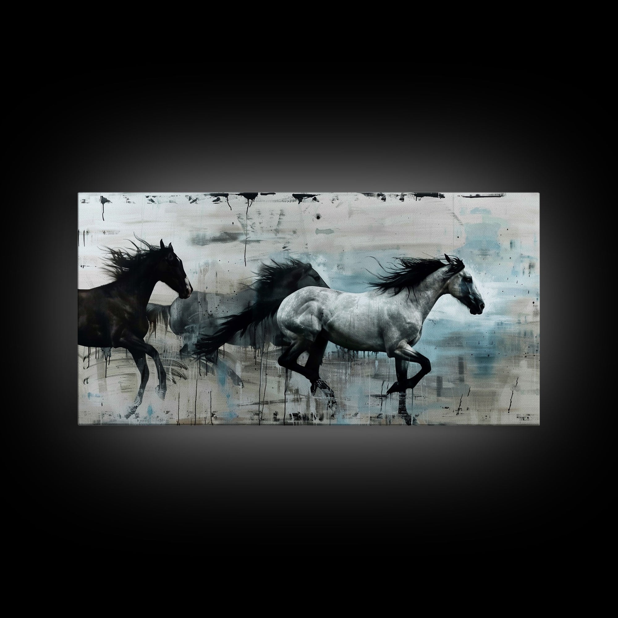 Black and White Horses Running in Abstract Landscape, Ideal Wall Art, Framed Canvas Print for Living Room or Bedroom Decor, Colorful Art