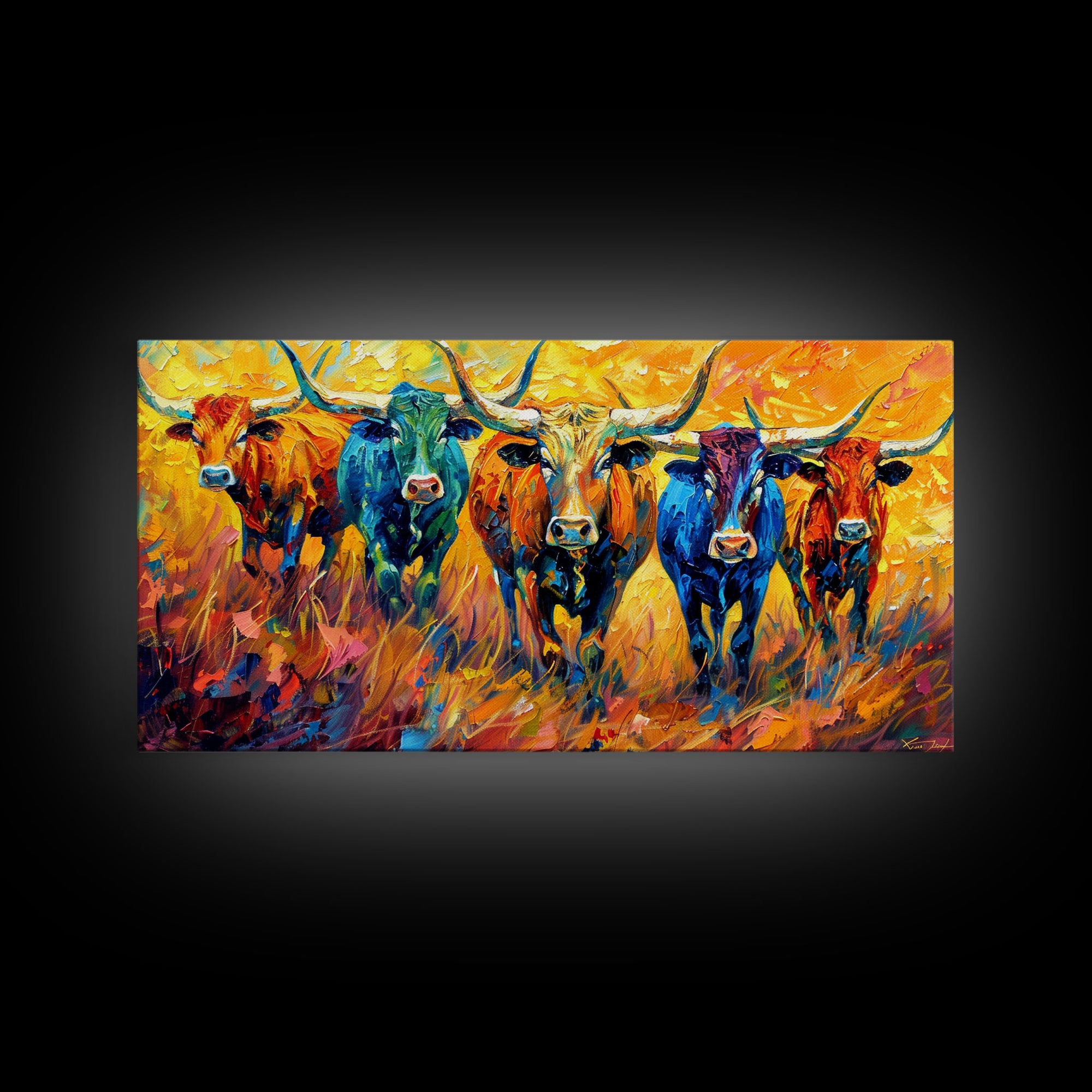 Colorful Herd of Cattle, Ideal for Living Room Art, Framed Canvas Print, Bedroom Decor, Home Decoration, Rustic Farmhouse Art