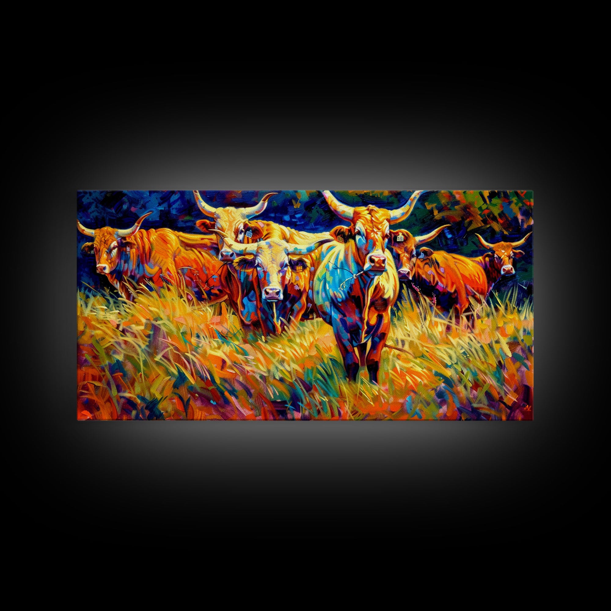 Beautiful Herd of Cattle in Colorful Style, Living Room Art, Framed Canvas Print, Bedroom Decor, Home Decoration, Artistic Farmhouse Decor