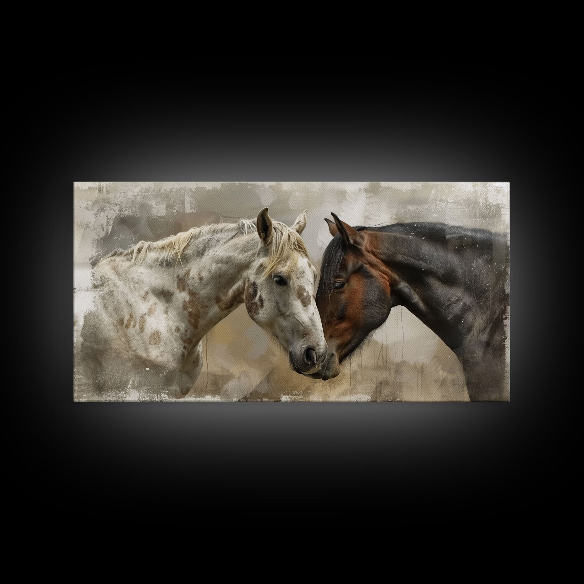 Horse Pair in Artistic Setting, Framed Canvas Print for Elegant Living Room Decor, Equine Art for Home and Bedroom Decoration