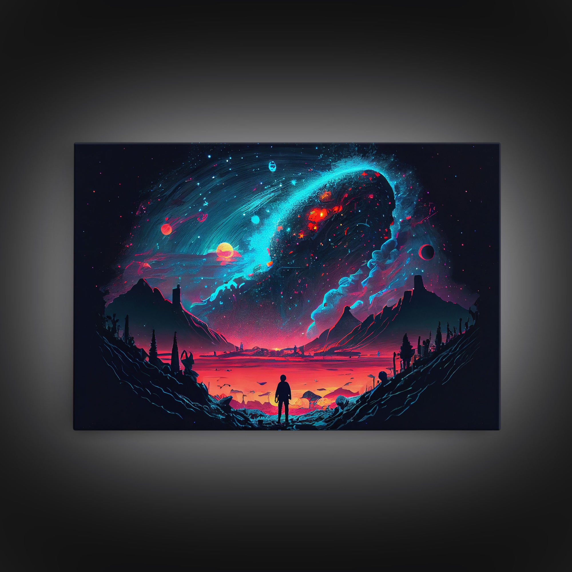 Strange new worlds among the stars, scifi retrowave art, framed canvas print, unique wall art