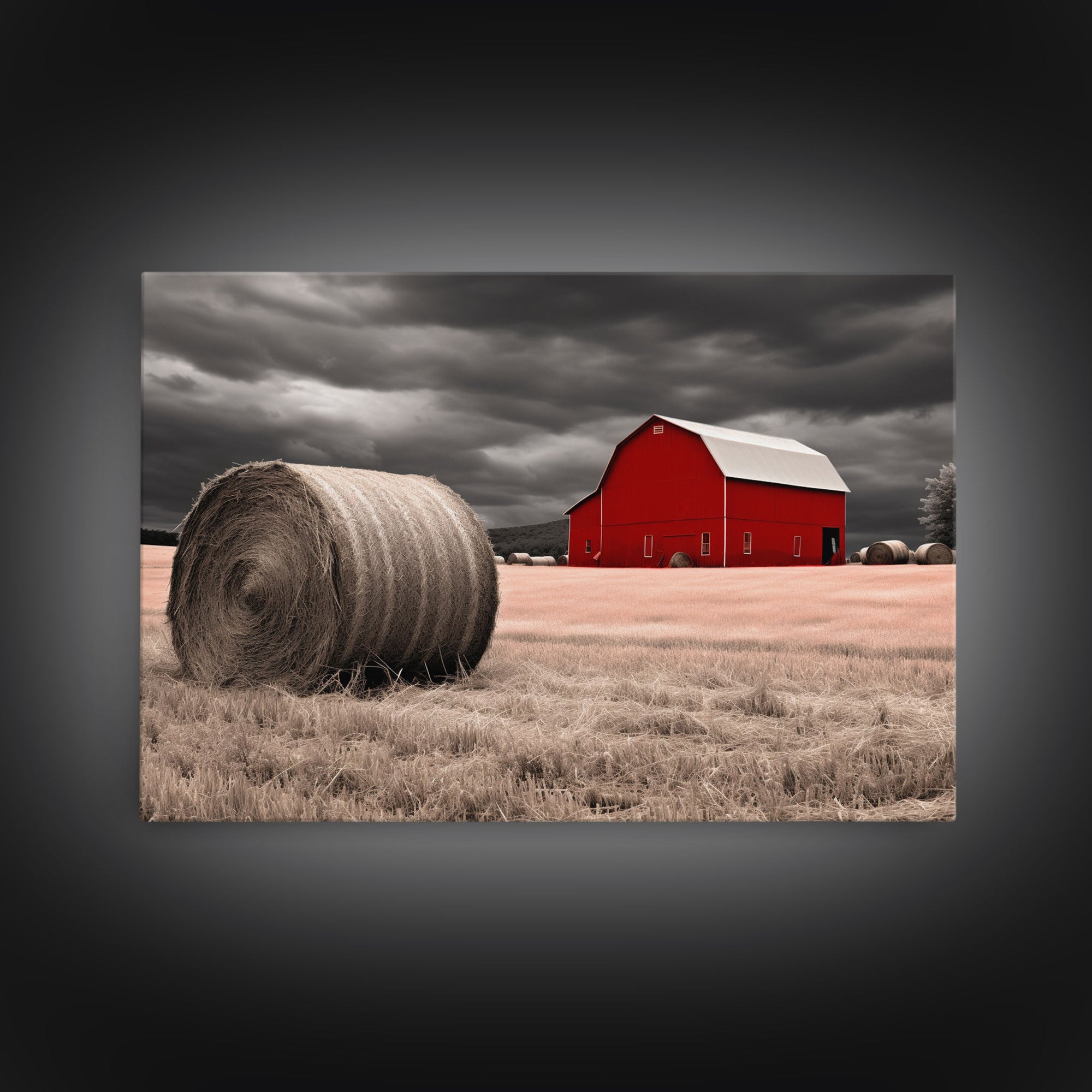 Liminal Spaces, Red Barn Under A Storm Canvas Print, Rustic / Minimalist Cottagecore Wall Art, Framed Canvas Print, Hay Bale Art