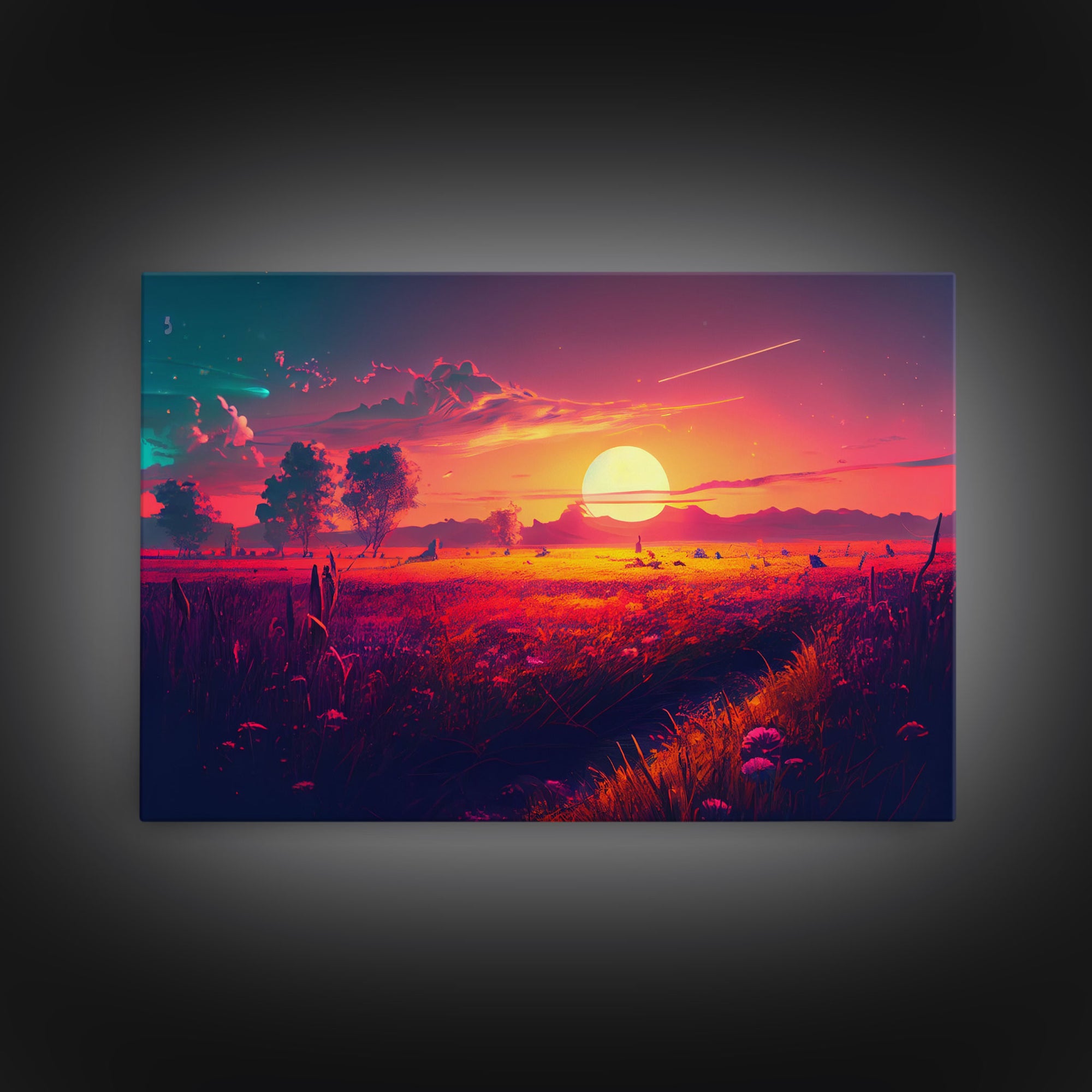 Watercolor of a beautiful sunset over a vibrant field of flowers, framed canvas print, framed art
