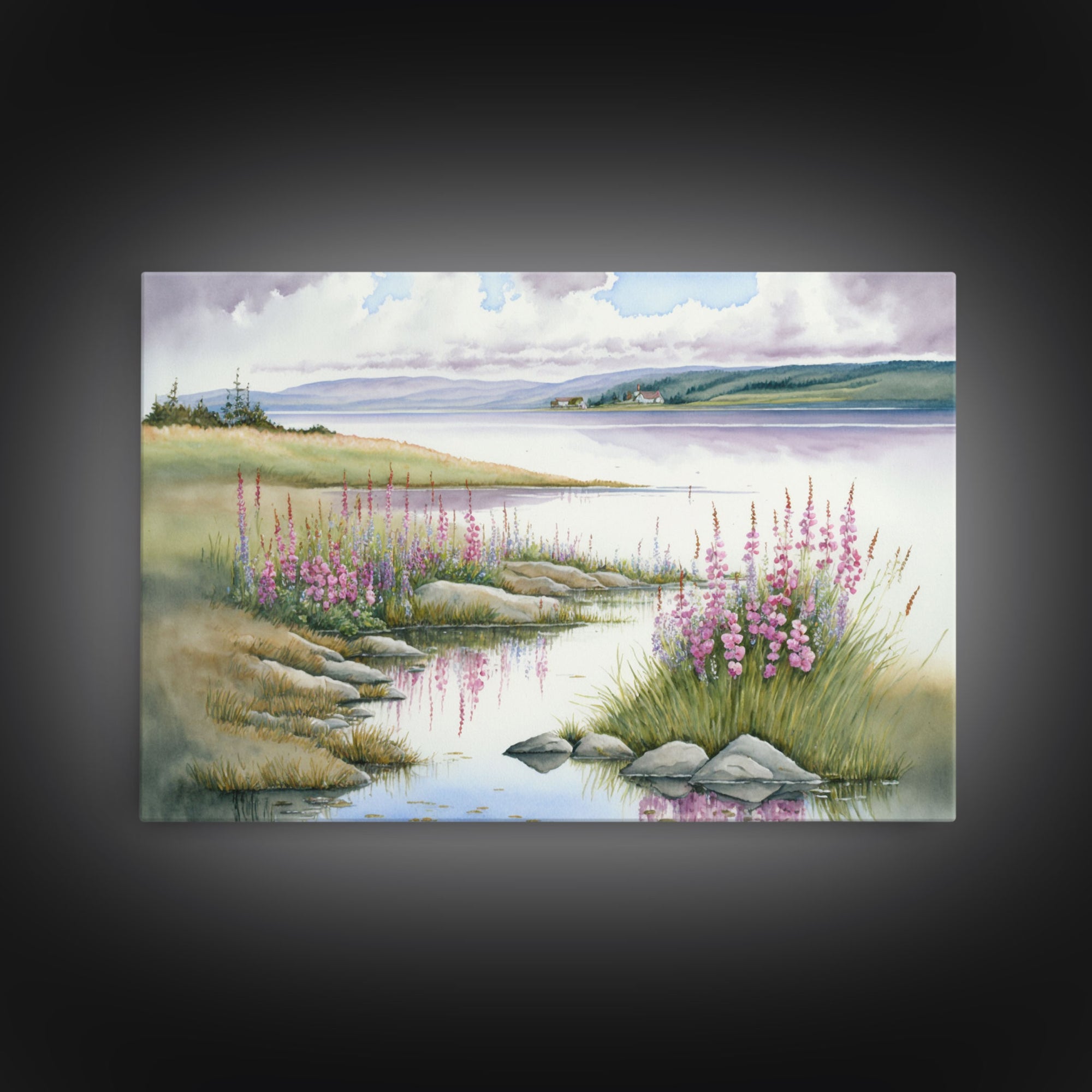 Pink flower landscape art, beautiful nature watercolor painting canvas print, Framed Canvas Print, Wall decoration, living room wall art