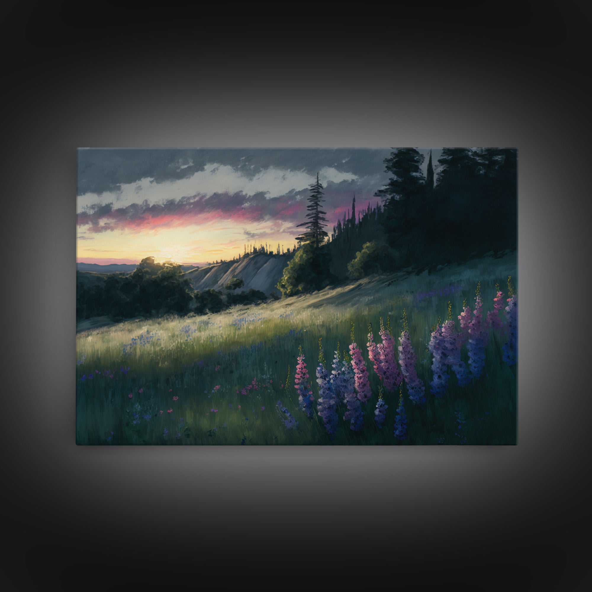 Watercolor of a beautiful landscape at sunset, rustic farmhouse decor, primitive art, cabin art, wall decoration