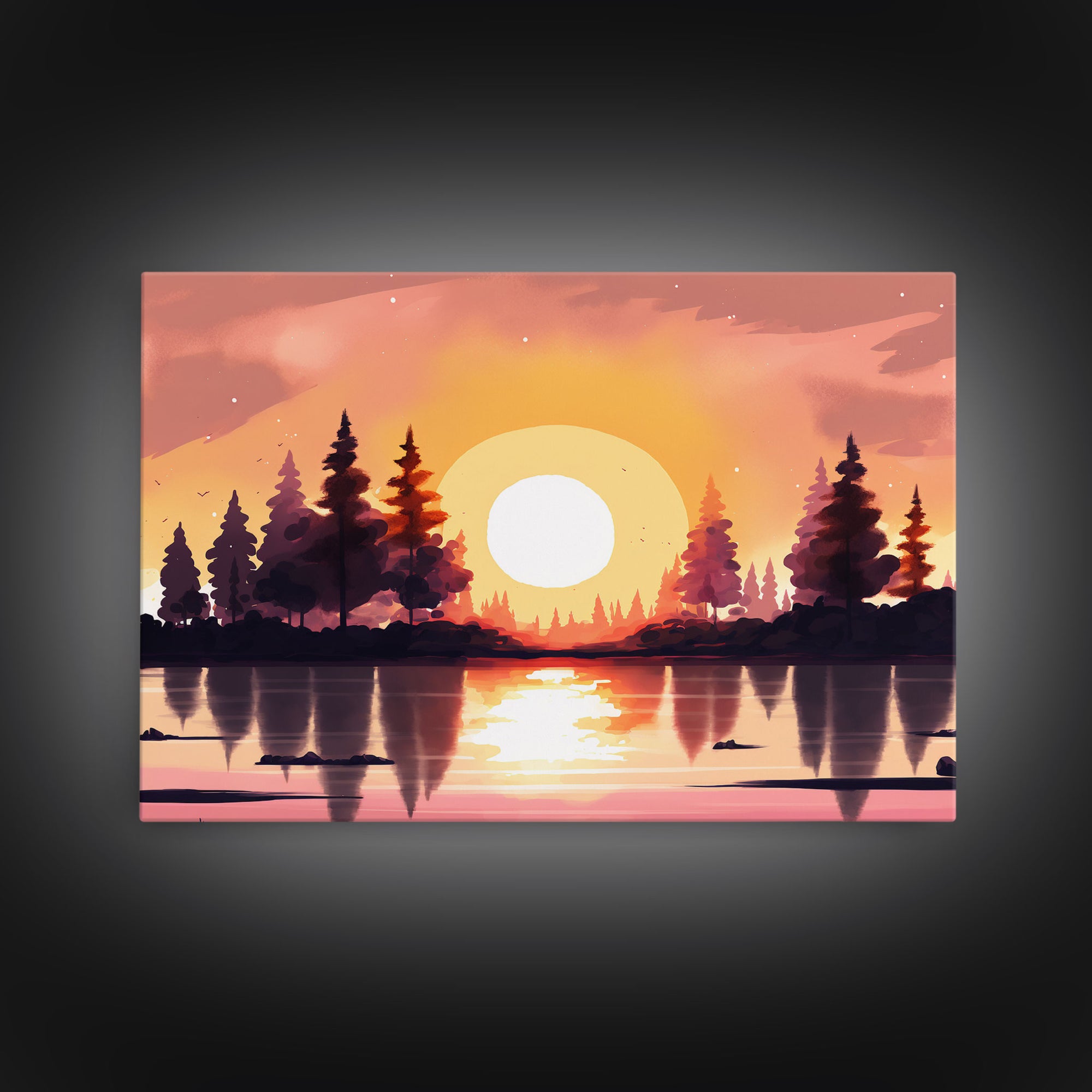 Sunrise Over The Lake and Forest, Lakehouse landscape art, orange and red tones, framed canvas print, watercolor art