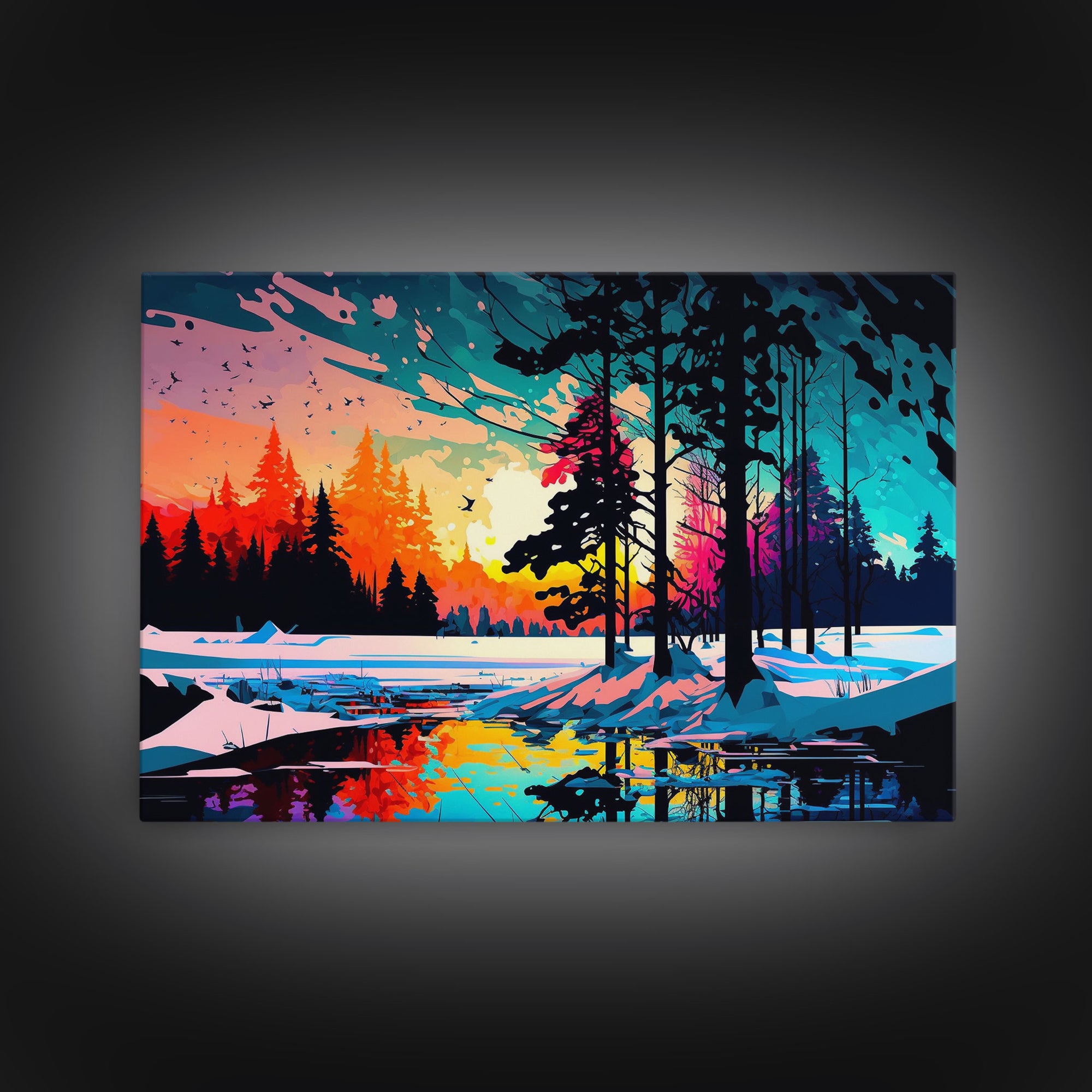 Pop Art Style Water Color of a Winter Forest | Minimalist Contemporary Art | Framed Canvas Print | WPAP Style Landcape Art