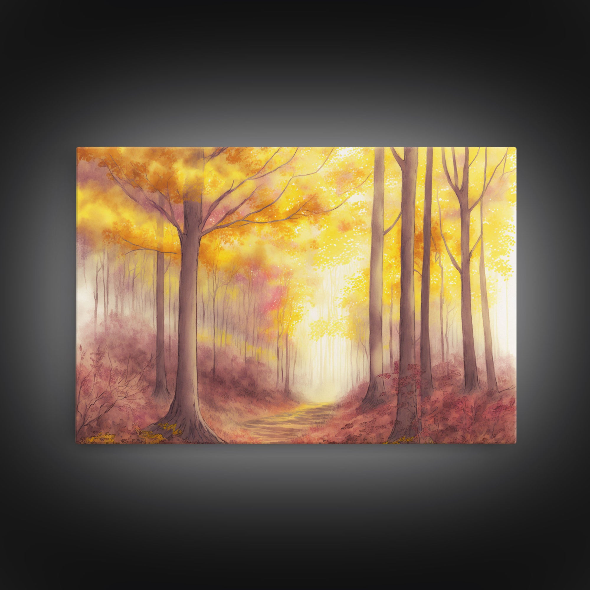 Watercolor of a fall forest, framed canvas print, framed wall art, living room wall decor