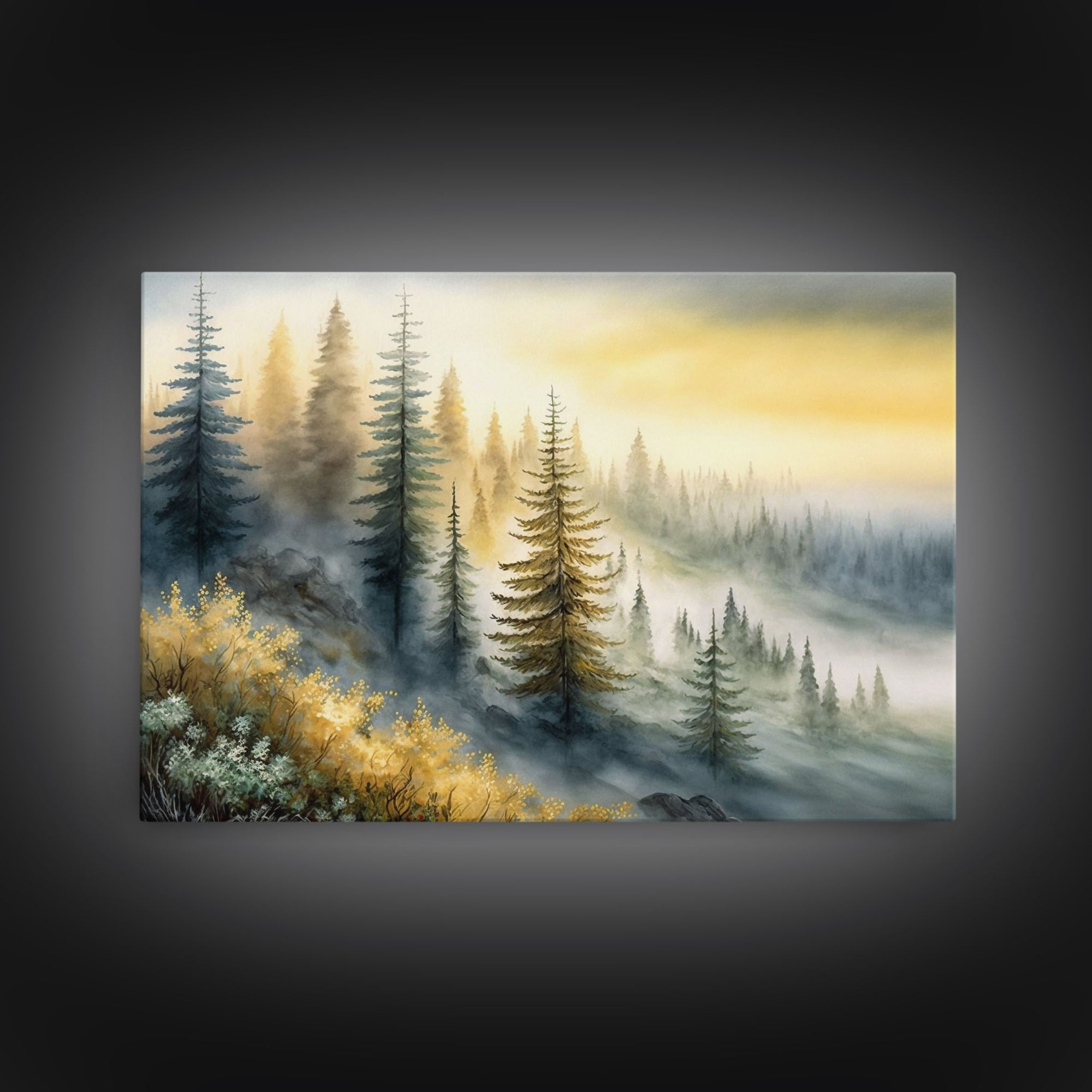 Watercolor of a foggy pine tree forest, framed canvas print, unique wall art, contemporary art