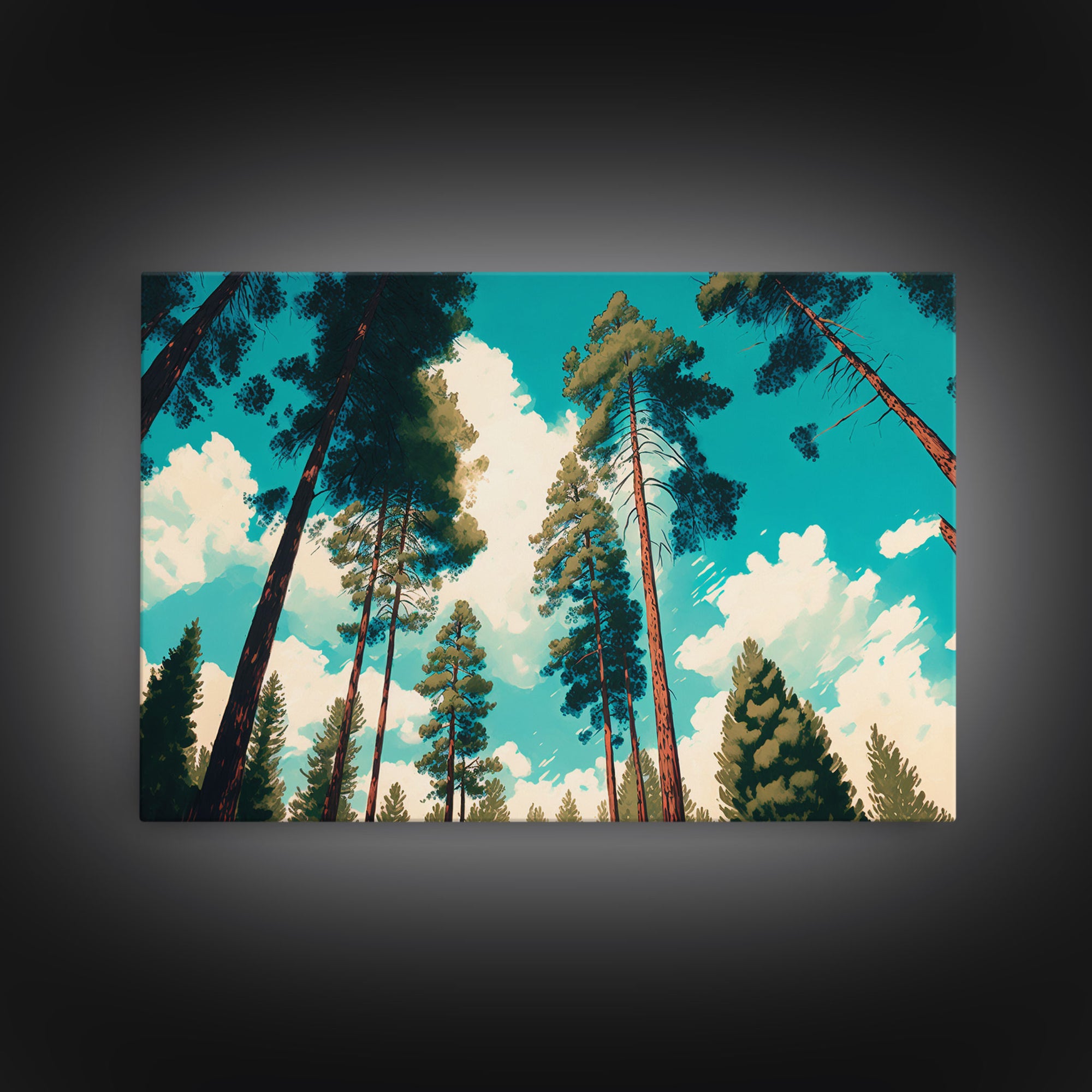 Pine Tree Forest and Blue Skies, Framed Canvas Print, Beautiful Wall Art, Living Room Wall Decor, Pine Cone Tree