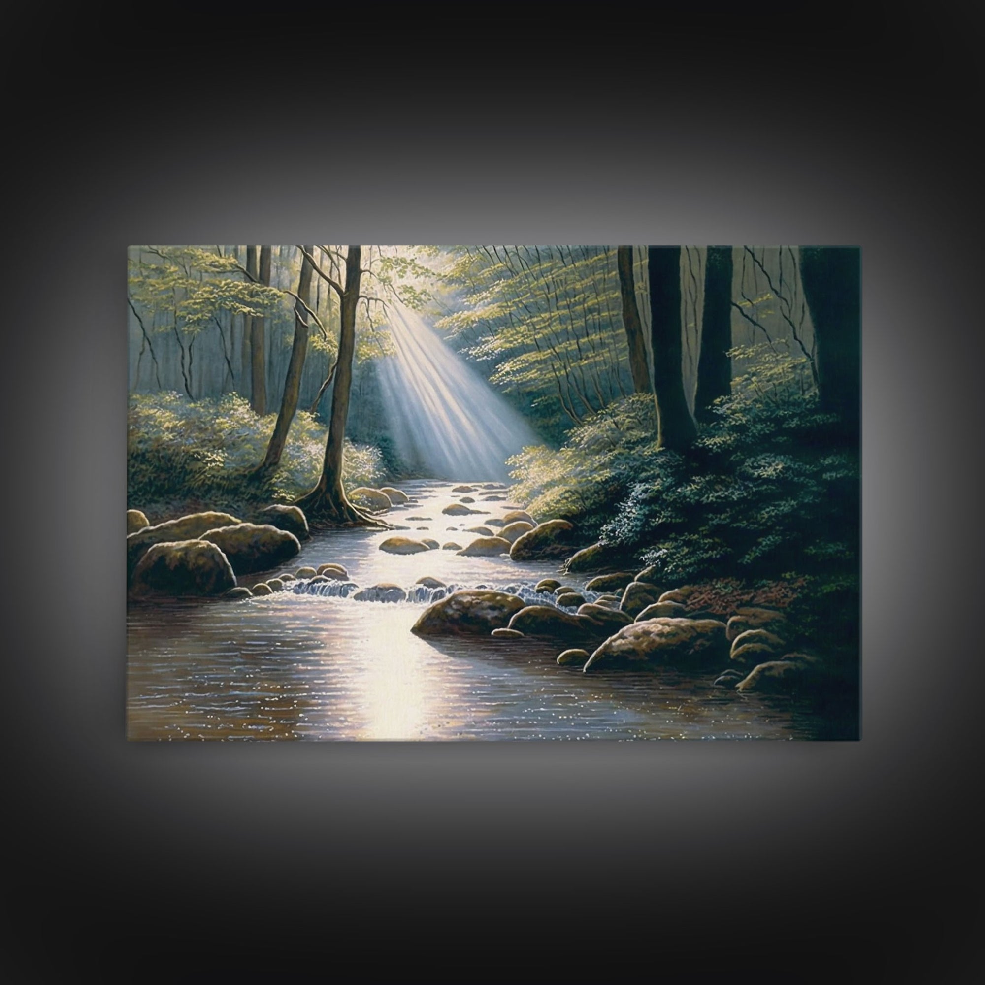 Colorful Watercolor Art, Framed Canvas Print, unique wall art, framed wall art, Landscape watercolor, Beams of Sunlight piercing the canopy