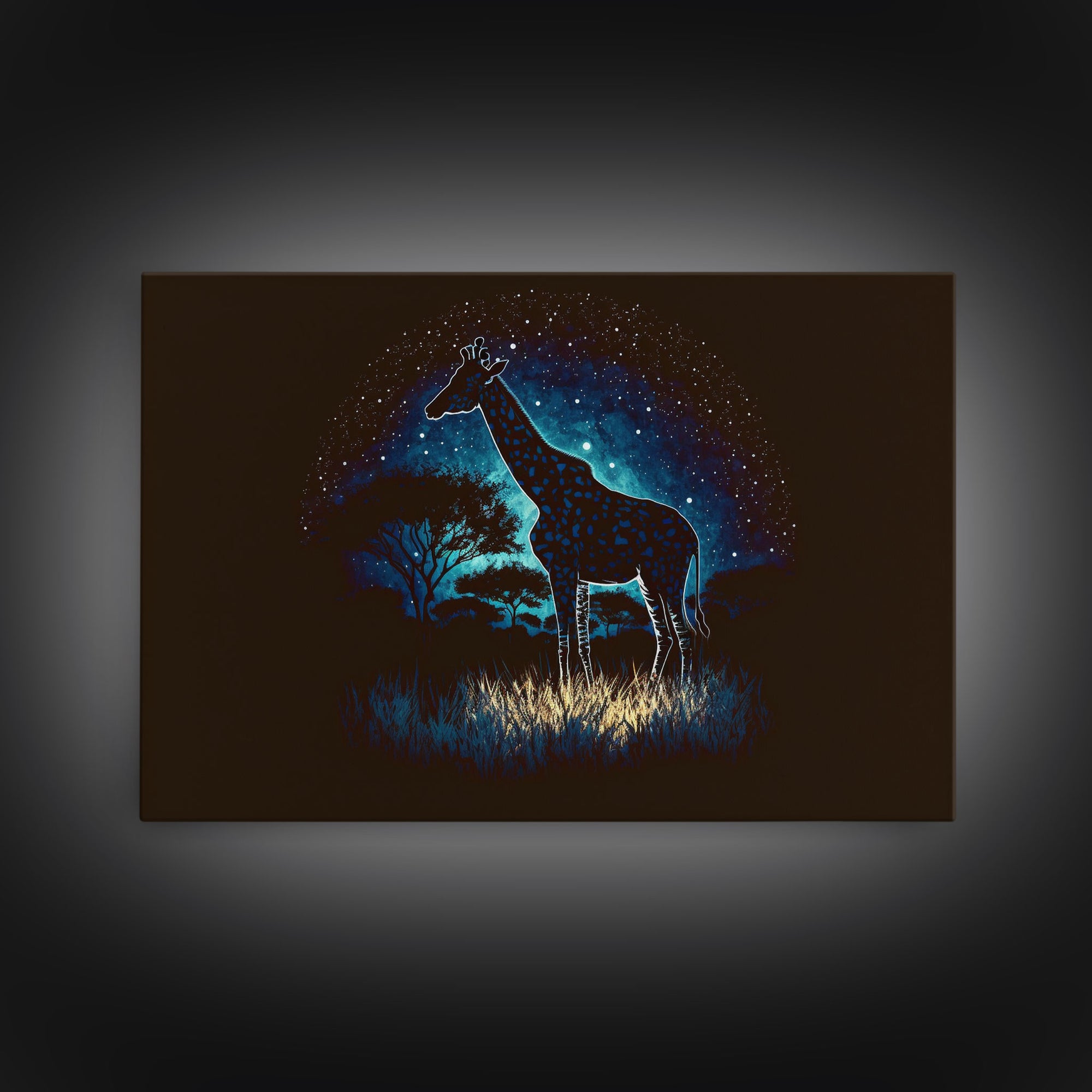 Starry Night over Africa, Giraffe Print, Framed Canvas Art, Galaxy Night Sky, Mancave decor