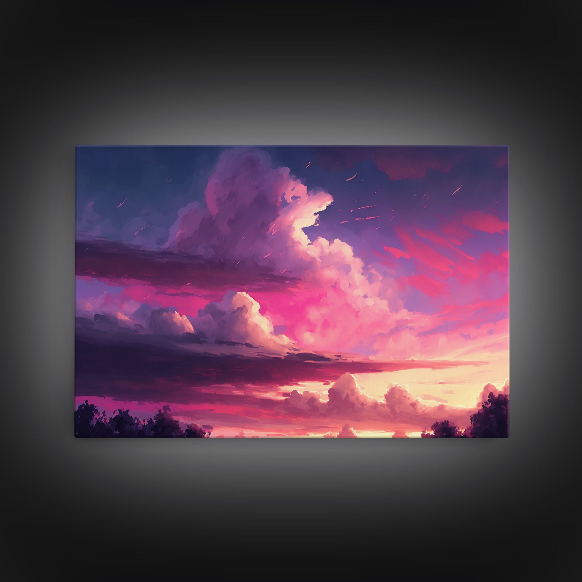 Contemporary Sunset Cloudy Sky, Framed canvas print, colorful landscape art, living room decor