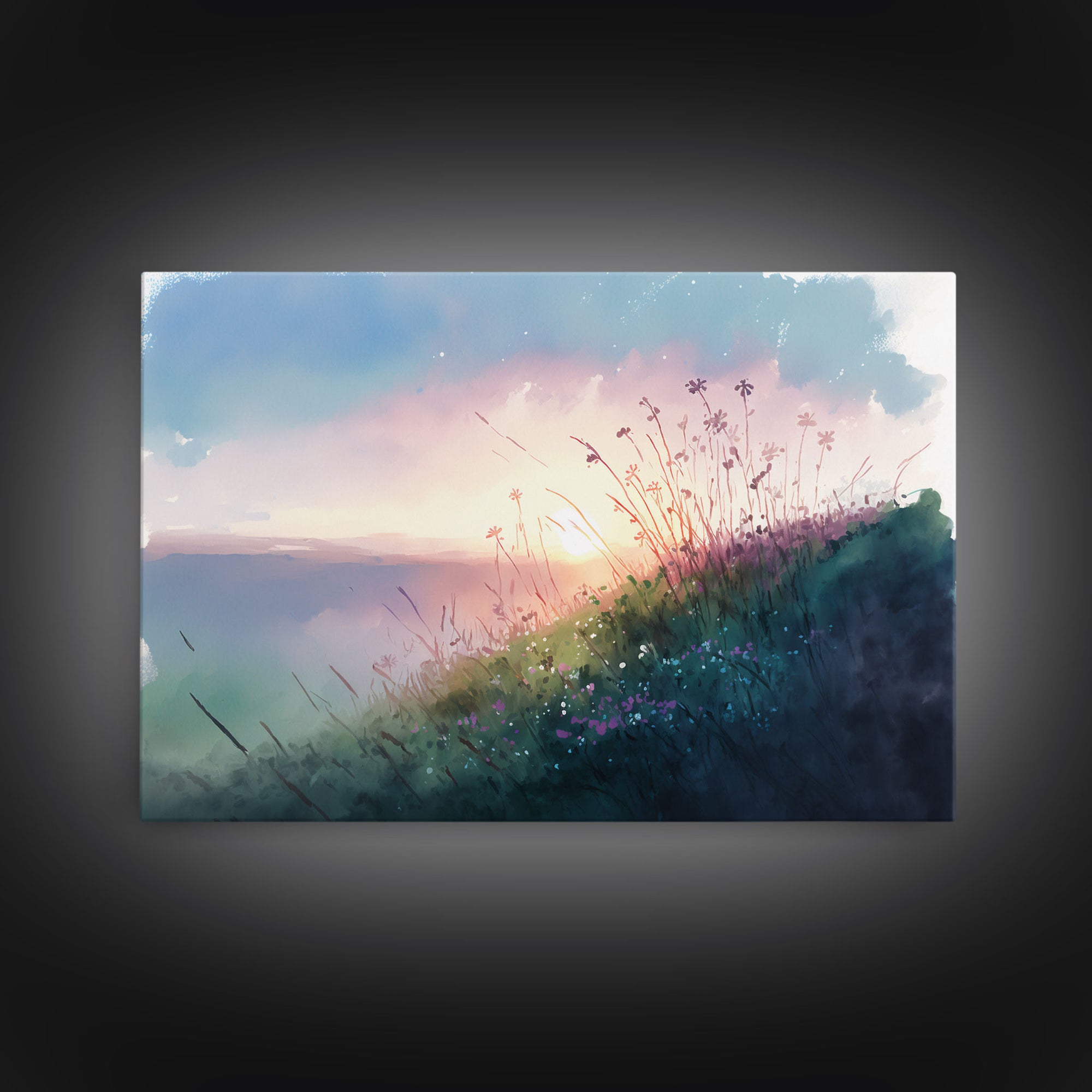 Serene Sunset, Watercolor Landscape Art, Framed Canvas Print, colorful wall art, above couch living room art