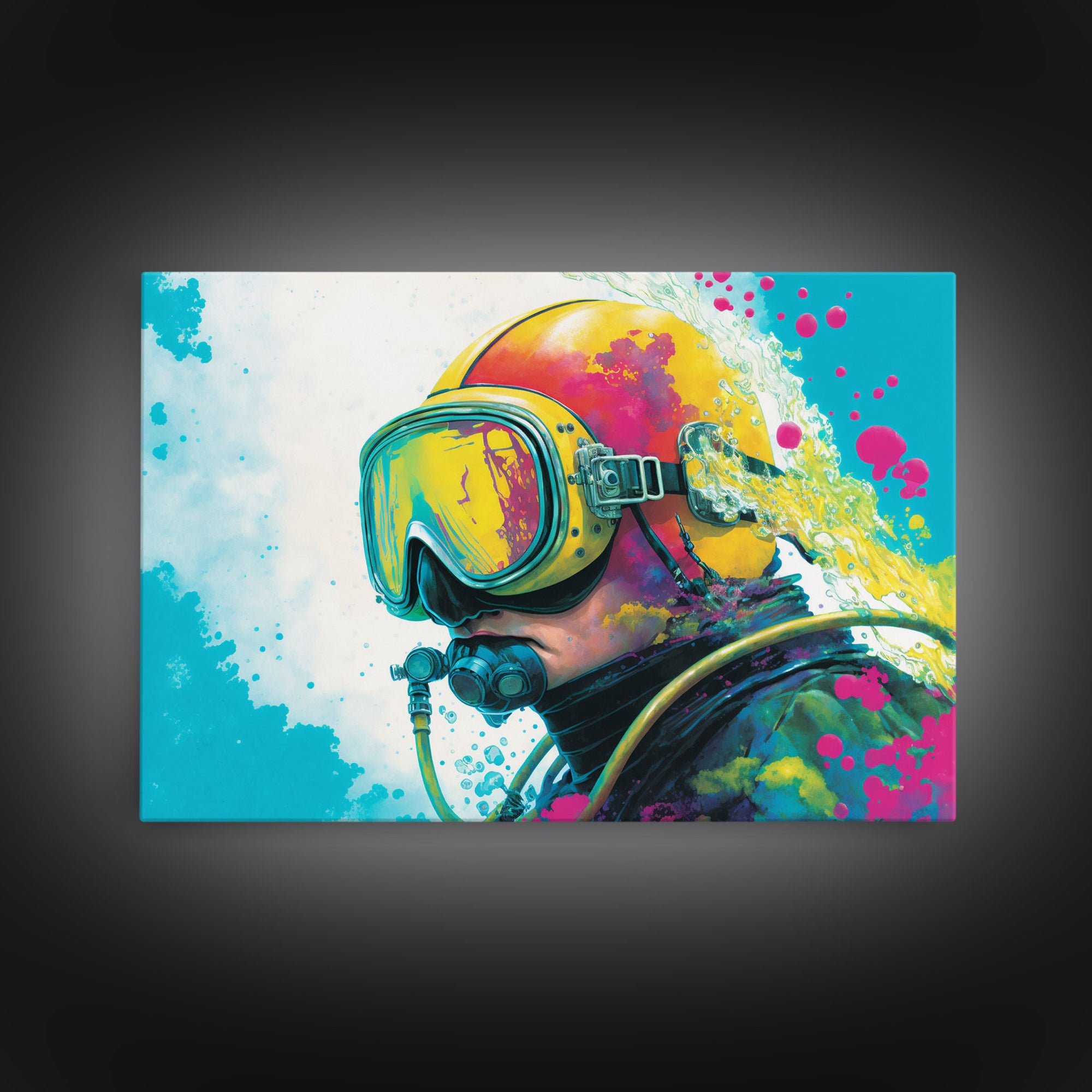 Graffiti Pop Art Scuba Diver, Framed Canvas Print, Scuba Painting, Retro Under Water Punk Art