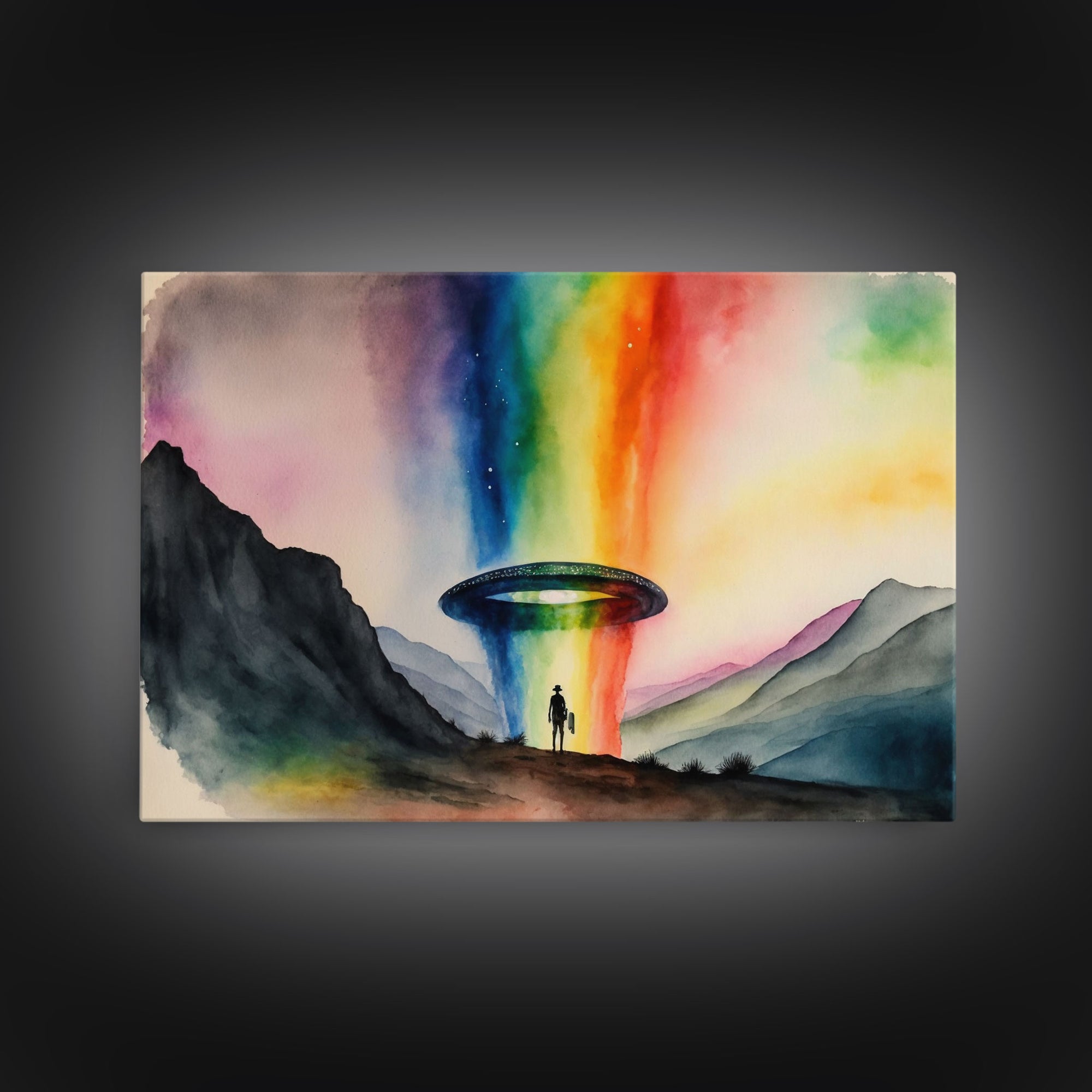 The Abduction, Rainbow UFO Art, Watercolor, Framed Canvas Print, Science Fiction Wall Decor