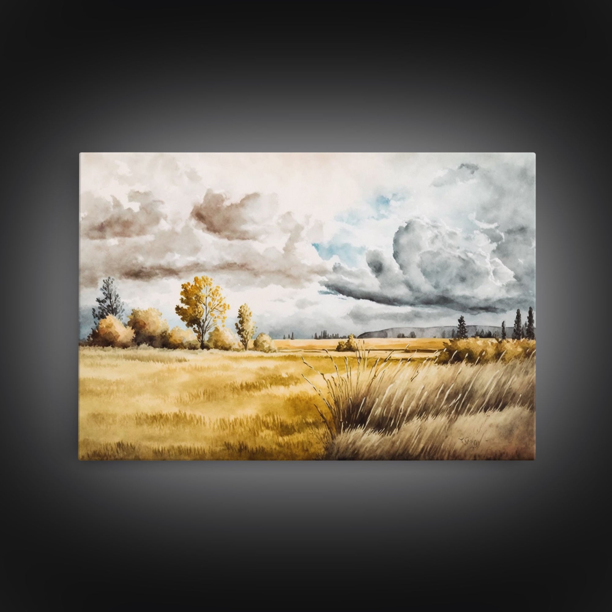 Prairies of Texas, Framed Canvas Print, Subdued / Muted Vintage Style Wall Art, Wall Hanging, Watercolor Painting