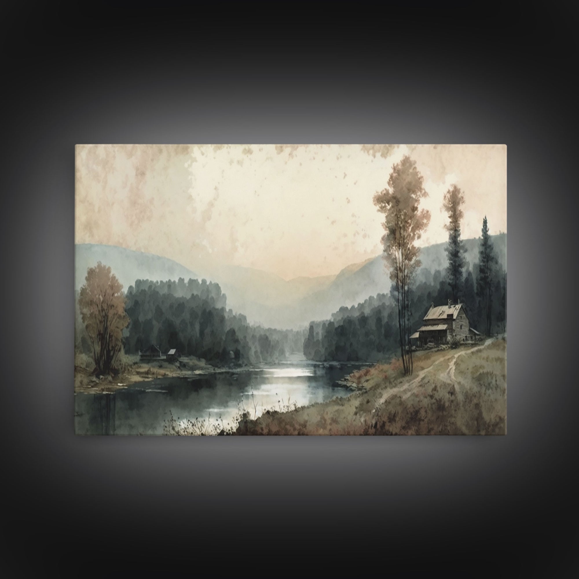 Cottage On The Lake, Wall Art, Framed Canvas Print, Subdued Minimalist Boho Style Wall Decor, Canvas Art, Rustic Decor