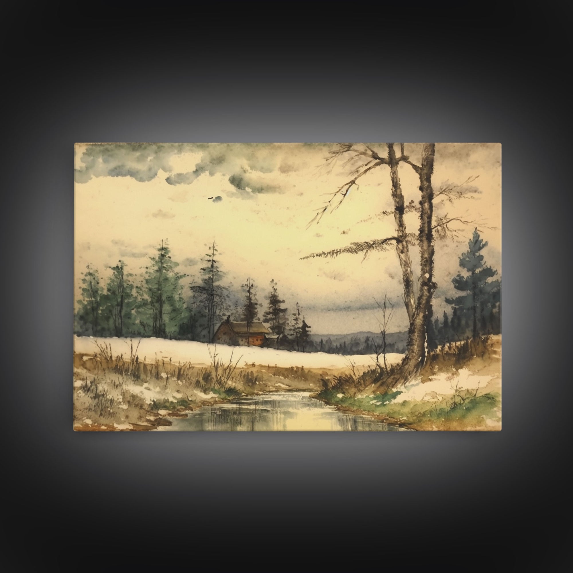 Cottage On The Lake, Wall Art, Framed Canvas Print, Subdued Minimalist Boho Style Wall Decor, Canvas Art, Rustic Decor