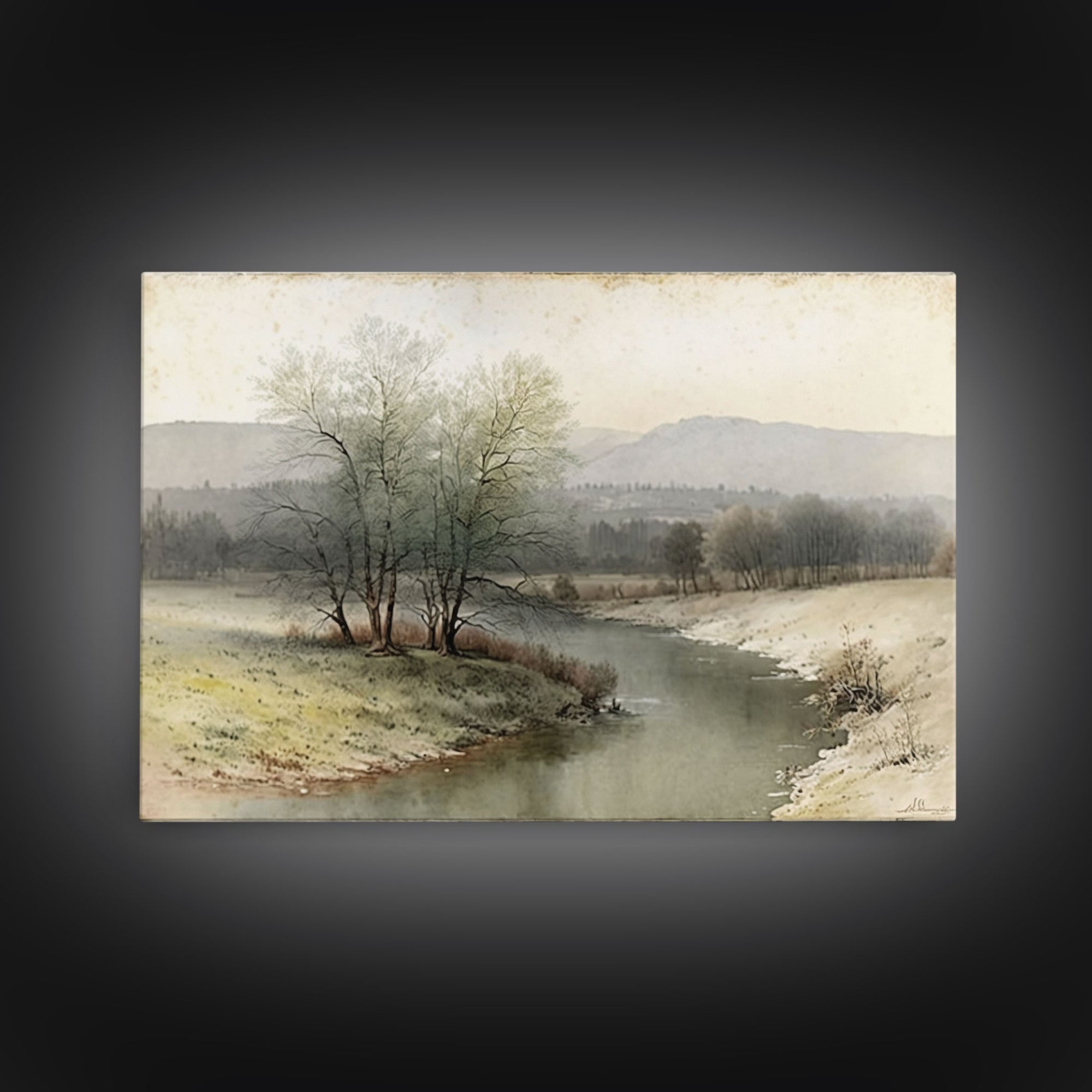Rustic Vintage Landscape Wall Art Print, Nature Framed Large Gallery Art, Minimalist Art Ready to Hang, With Hangers, Muted Farmhouse Art