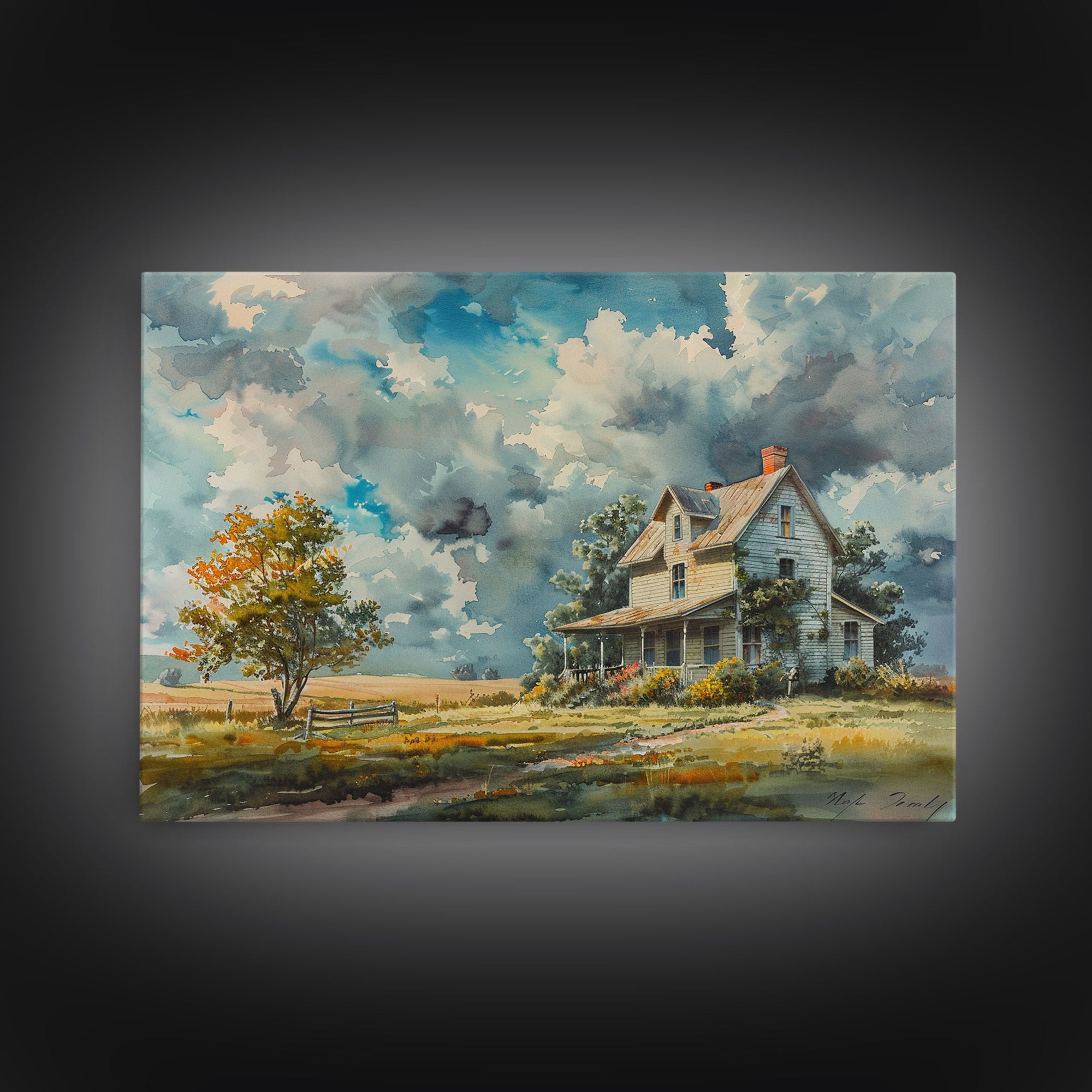 Beautiful Cottagecore Kitsch Framed Canvas Print Of An Old Farmhouse, Watercolor Painting, Custom Original Art, Living Room Decor