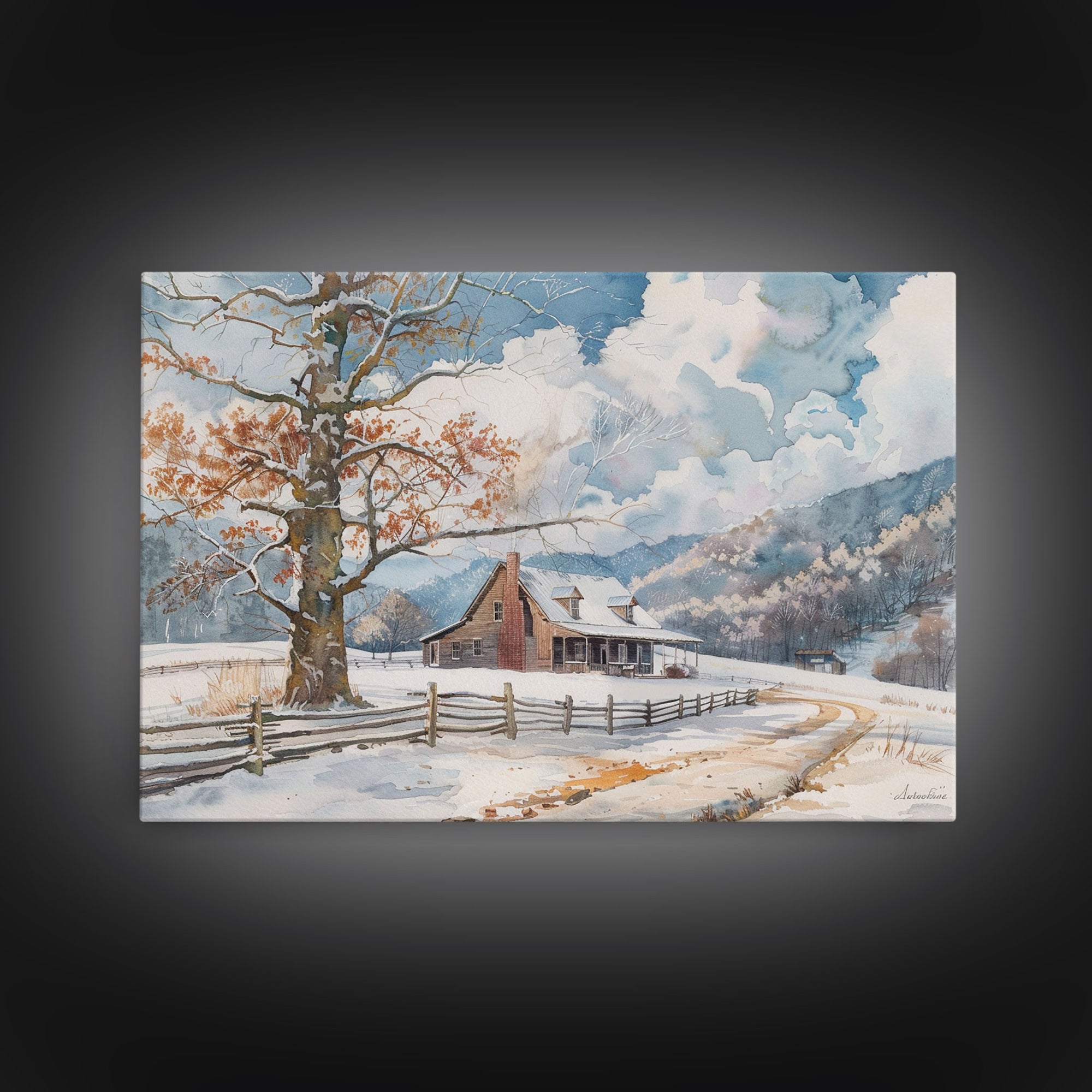 Painting Of A Farmhouse In The Winter, Cottagecore, Framed Canvas Print, Kitsch Home Decor, Western Country Art, Living Room Decor