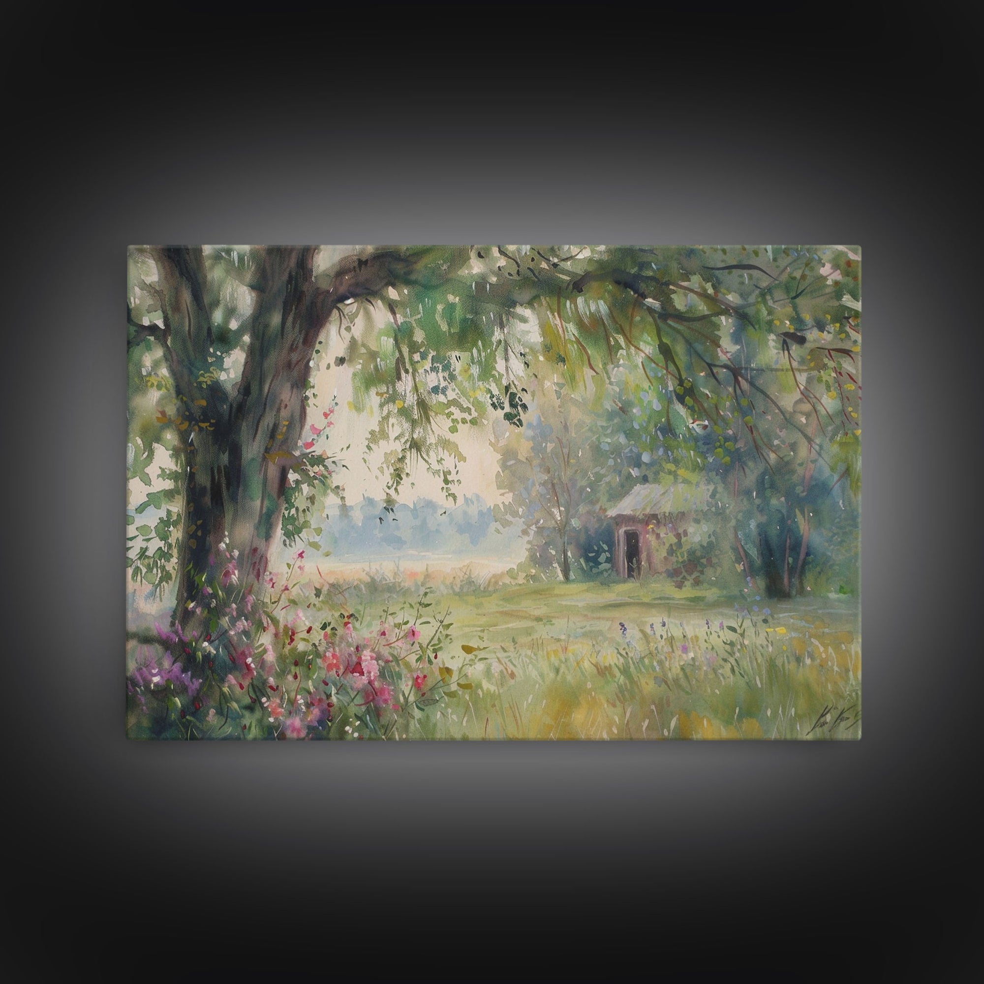 Painting Of An Old Farmhouse In The Spring, Framed Canvas Print, Watercolor Painting, Original Art, Living Room Art, Wall Art