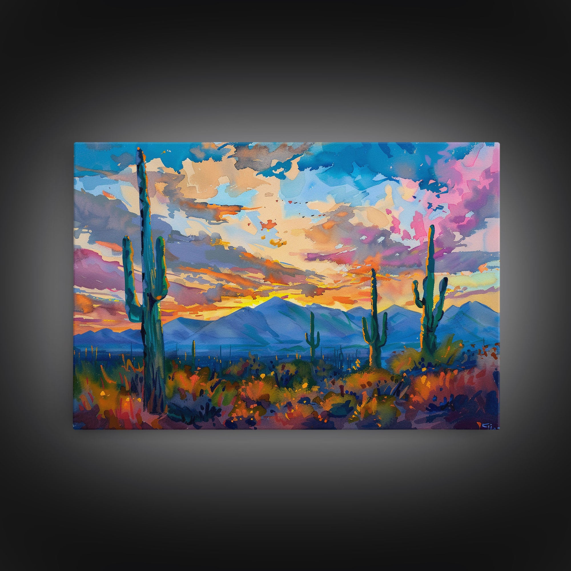 Cactus Under A Beautiful Sunset, Pop Art Style, Mid Century Modern Framed Canvas Print or Metal Art, Desert Scene Wall Art, Abstract Desert