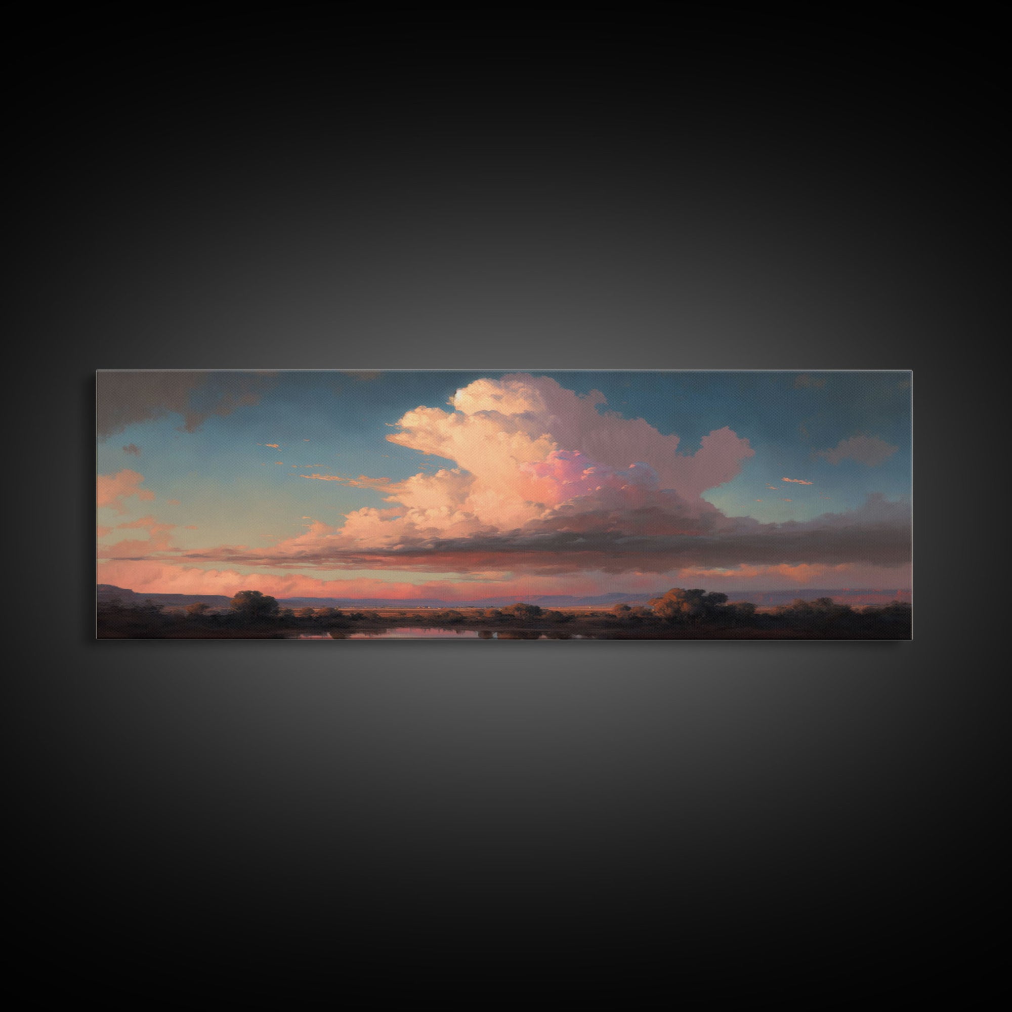 Panoramic Framed Canvas Texas Prairie Sunset Wall Art, Living Room, Bedroom Decor, Sunset Art, Watercolor Painting, Original Artwork