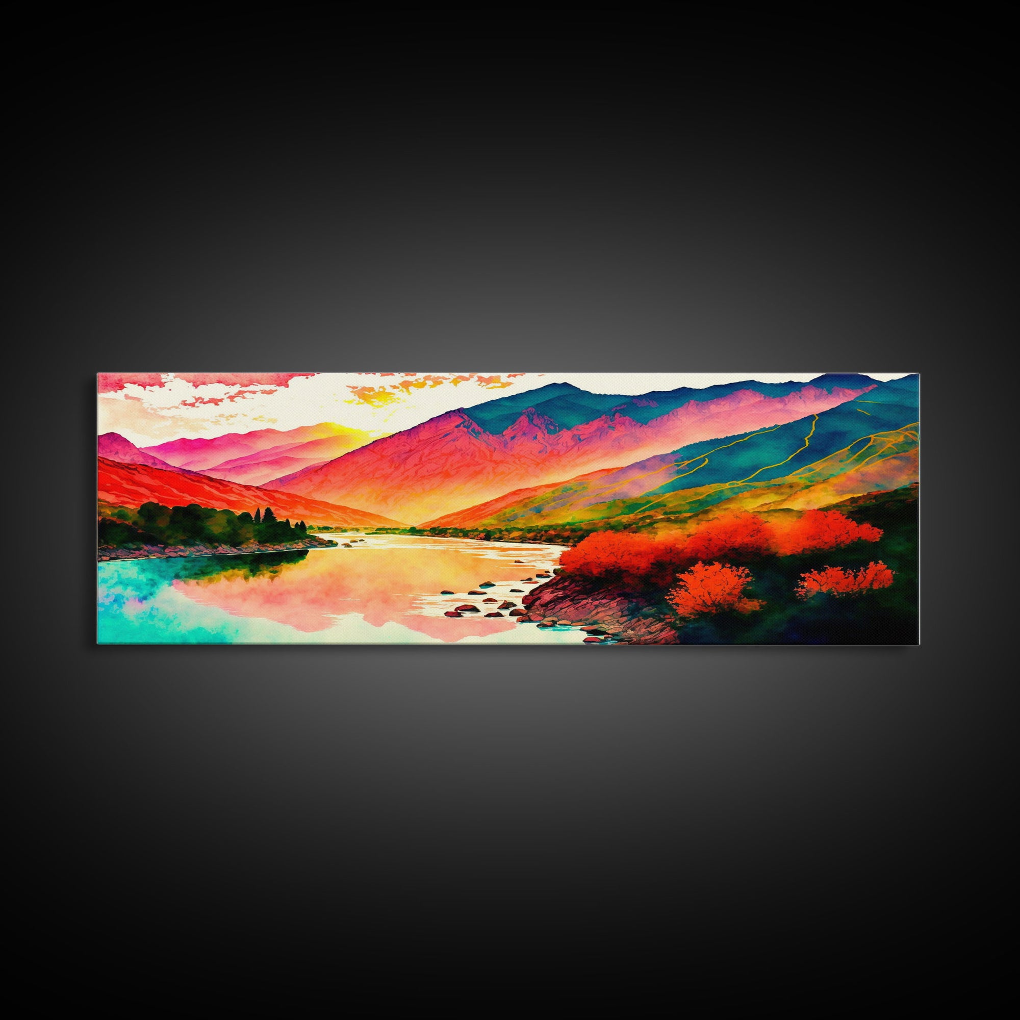 Colorful Abstract Watercolor Landscape, Framed Panoramic Canvas Print, Wide Art, Rainbow landscape painting, surrealist art