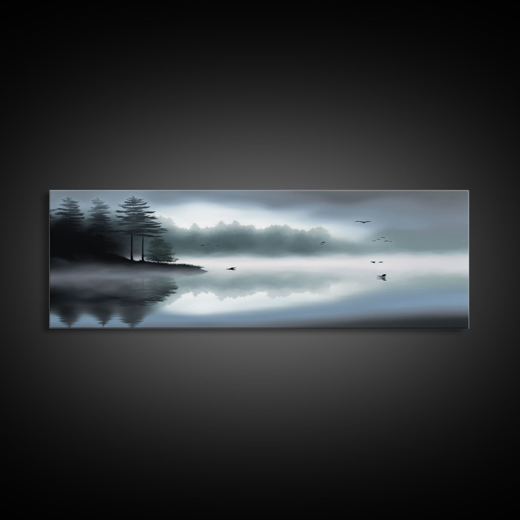 Pacific Northwest Lake & Pine Tree Forest Foggy Watercolor Canvas Print - Framed Panoramic Wall Art Home Decor