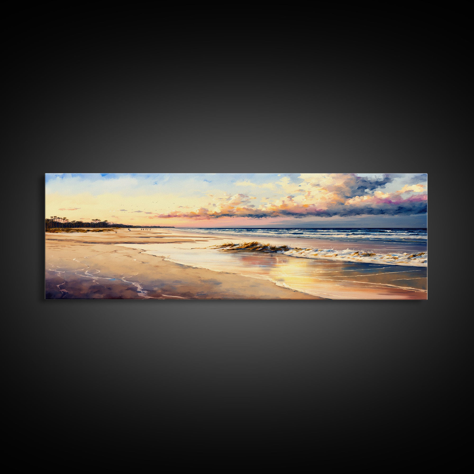 Panoramic Beach Sunset Canvas Print, Watercolor Landscape Framed Art, Whimsical Home Decor, Nature Wall Art, Wide Wall Art