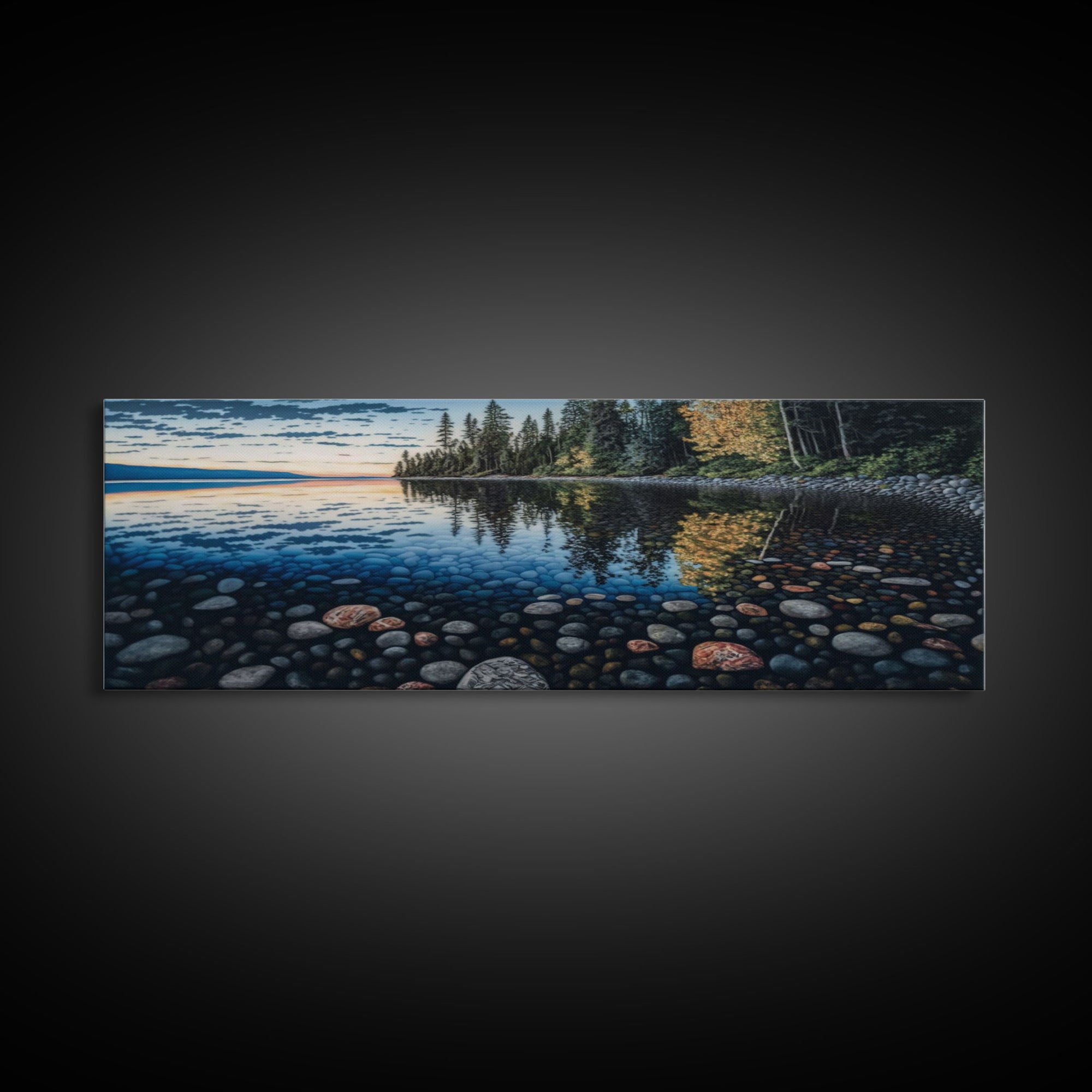 Pacific Northwest Stream or River Watercolor Panoramic Canvas Print | Framed | Colorful Pebbles | Vibrant Colors | Home & Office Décor