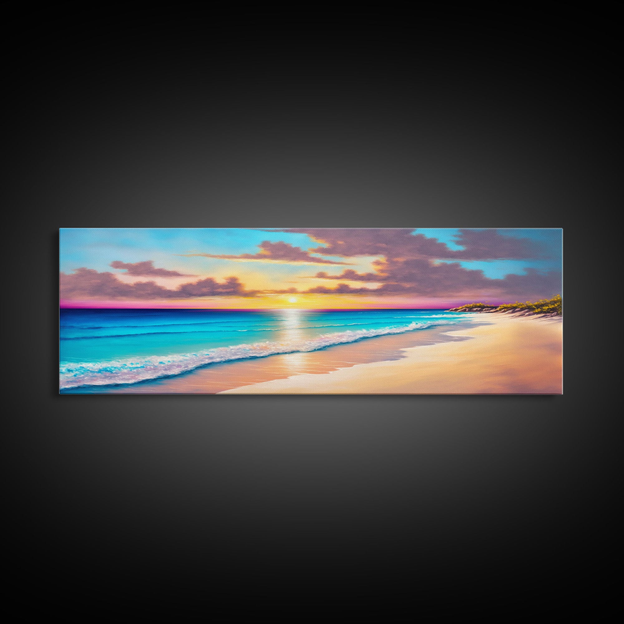 Panoramic Beach Sunset Framed Canvas Print, Watercolor Landscape Painting, Home & Office Decor