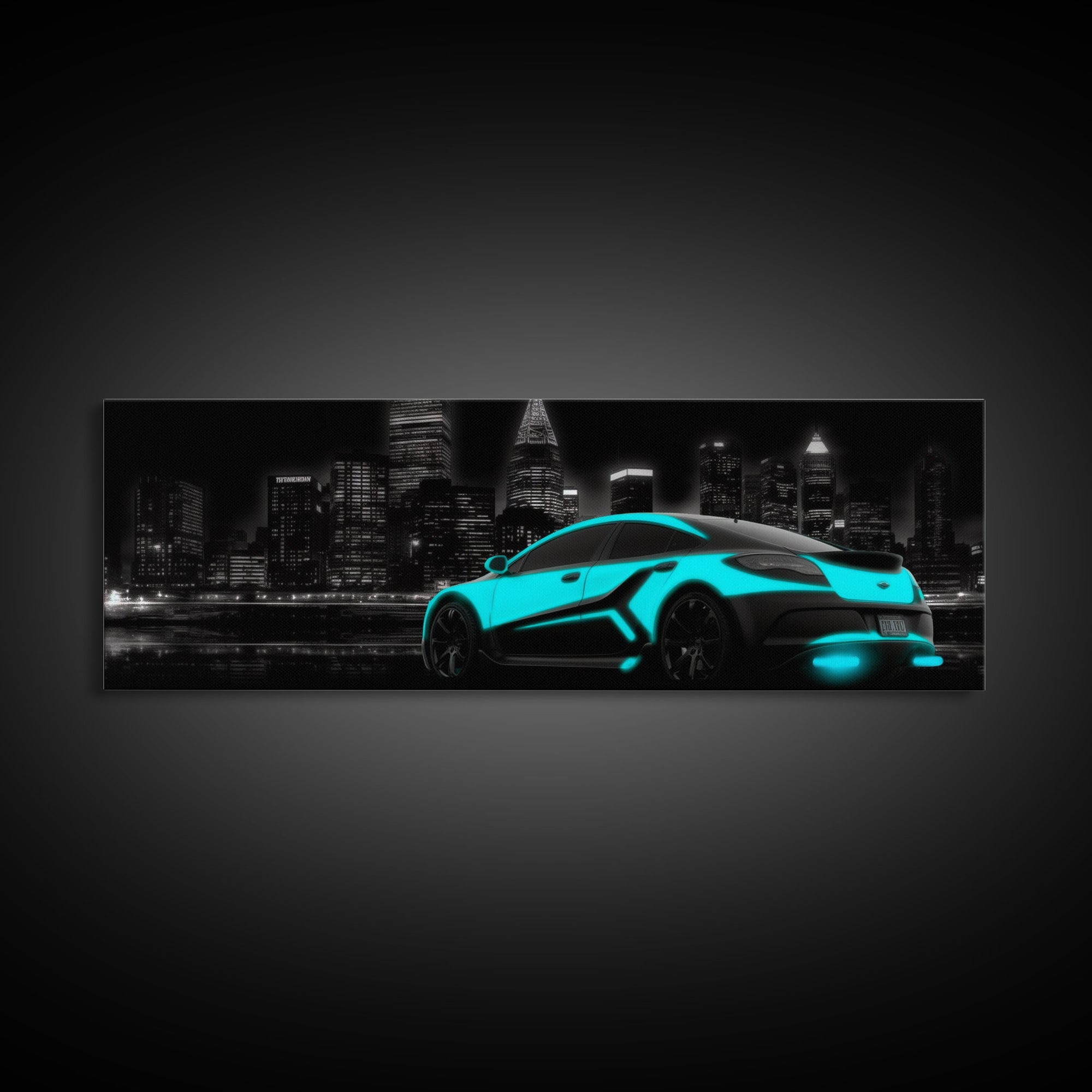 City Skyline Wall Art, Teal Sports Car, Abstract Urban Art, Cityscape Art, Dark Night Large Urban Art, Panoramic, Wall Art, Canvas Print