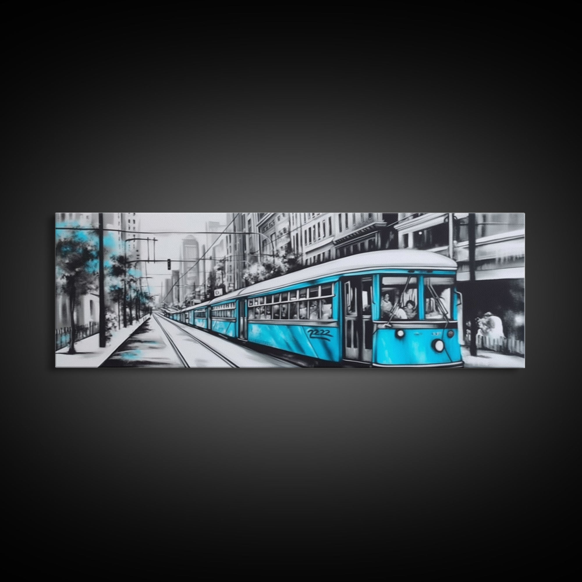 Teal Train, Tram In The City, Urban Art Painting, Large Mixed Media Art, Streetcar Print, City Art, Panoramic, Wall Art, Canvas Print