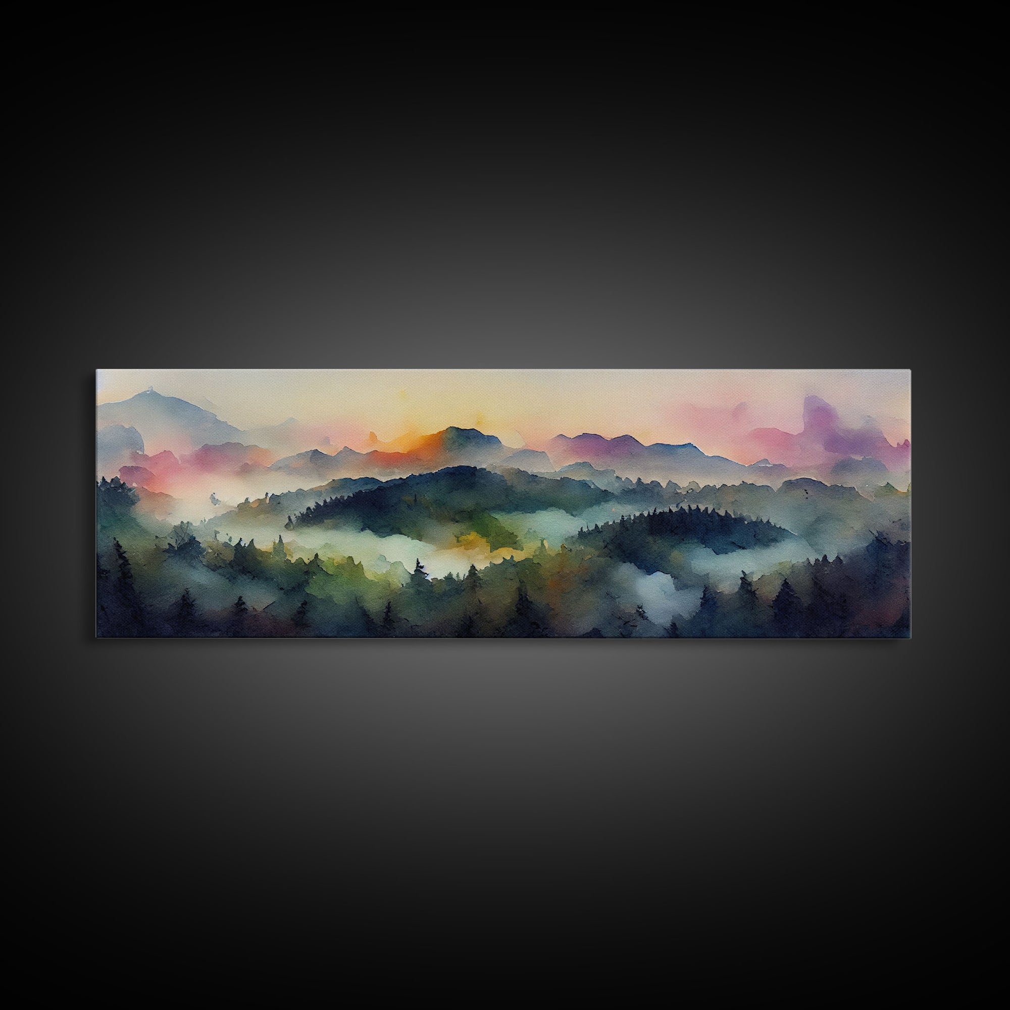 Dramatic Watercolor Sunset Landscape, Ready To Hang Canvas Print, Panoramic, Emerald Green Landscape Wall Decor